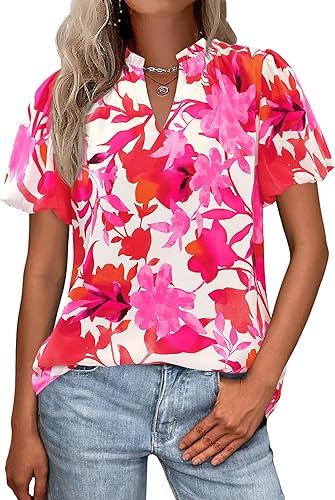 MASCOMODA Boho Short Sleeve Floral Work Blouses for Women Dressy Casual V Neck Puff Sleeve Loose Chiffon Flowy Tops Shirts(Floral White Rose Red,XX-Large)