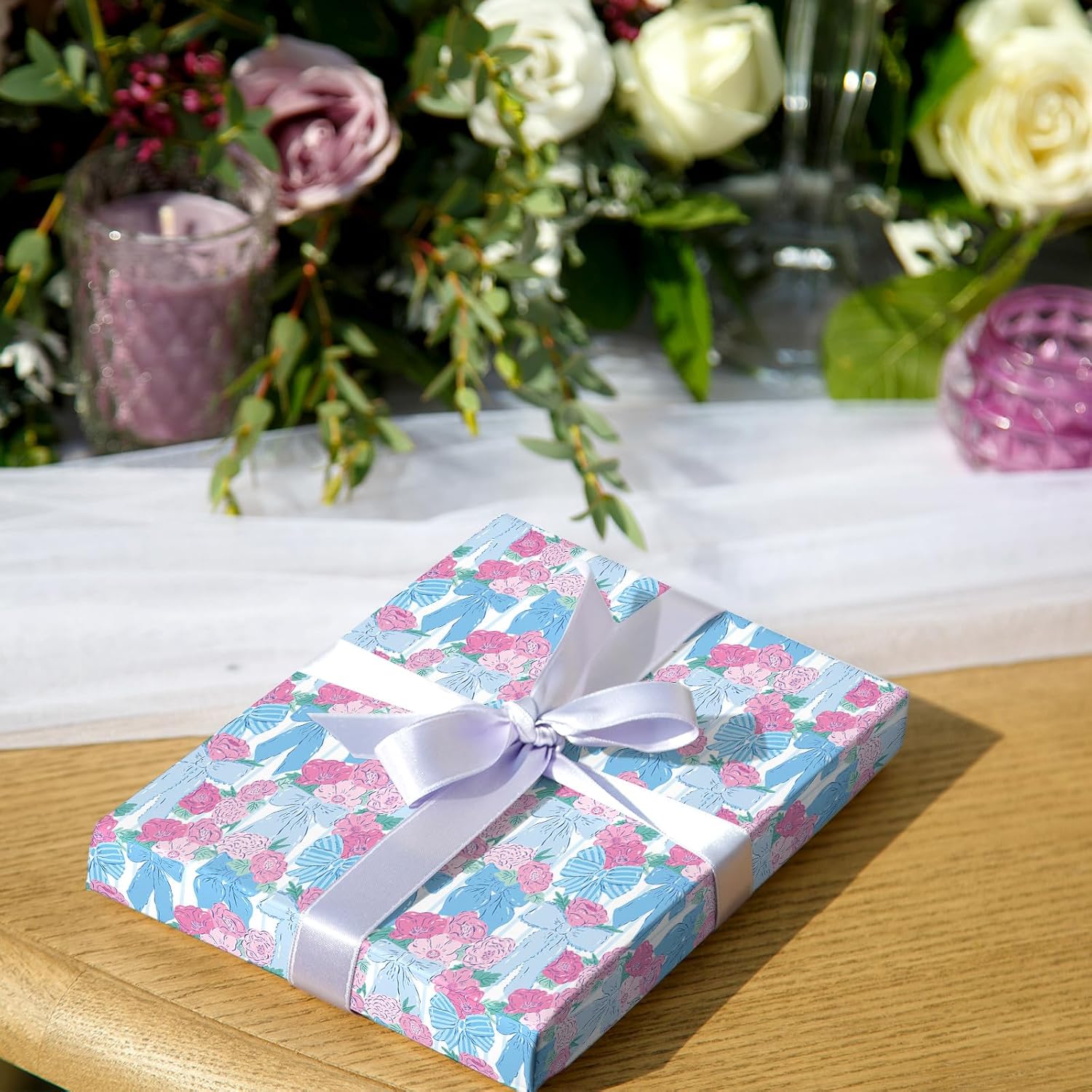 FYSUIMU Floral Bow Wrapping Paper -Mini Roll- 17 Inch x 32.8 Ft Pink Blue Bowknot Flower Gift Wrap Paper Coquette Art Papers for Wedding Birthday Baby Shower DIY Crafts