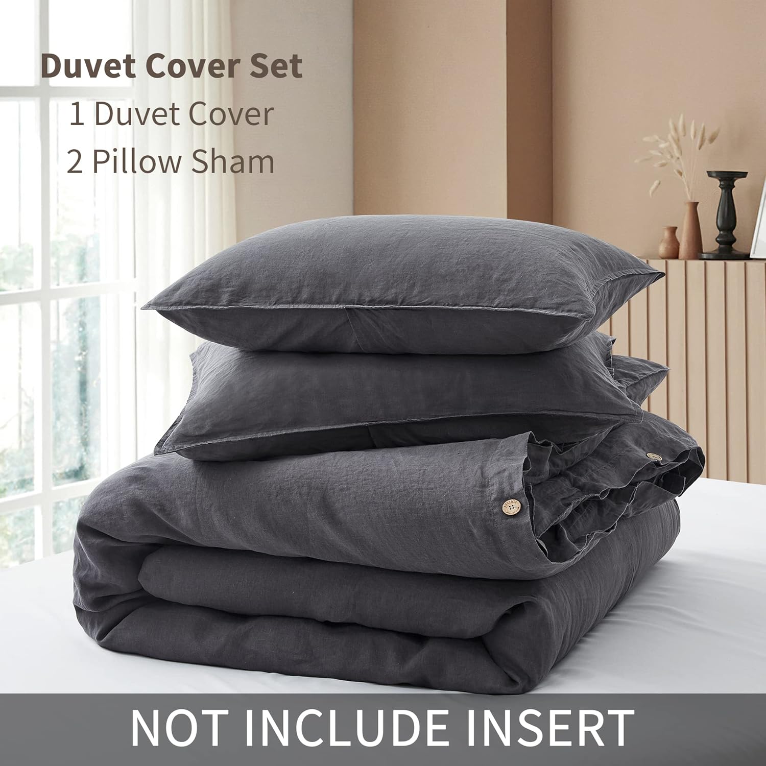 ATLINIA Bedding Duvet Cover Set Linen - 100% French Flax Washed Bed Sets Farmhouse Comforter Cover Set (1 Duvet Cover and 2 Pillow Shams) Queen Size Dark Grey