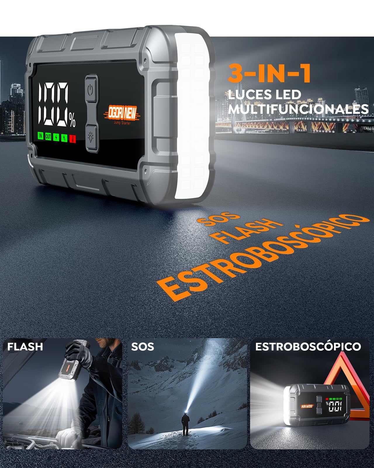 Arrancador de Coche, 7000A Arrancador de Baterias de Coche,12V Arrancador de Coches Portatil para 10L Gas o 8L Diesel,Jump Starter con Pantalla LCD y Linterna LED de 3 Modos