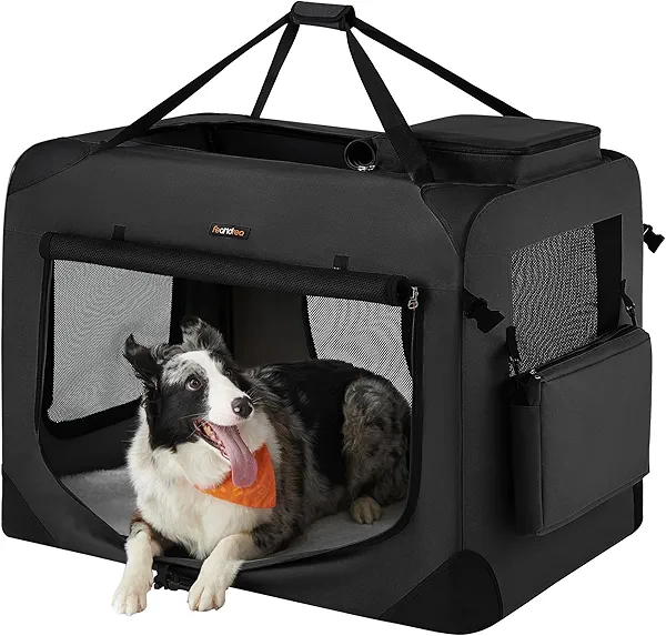 Feandrea 36 Inches Collapsible Soft Dog Crate, Portable Travel Dog Crate for Indoor and Outdoor Use, Dog Carrier Kennel with Safety Zippers, for Living Room, Car, Travelling, Camping, Black 
