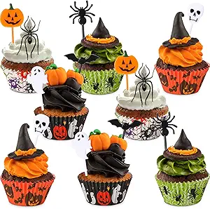 Cunhill 150 Pieces Halloween Picks Set 50 Plastic Cupcake Topper Pumpkin Bat Ghost Toothpicks with 100 Paper Cupcake Liners Muffin Wrappers Baking Cups for Birthday Halloween Party Supplies