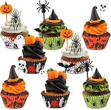 50 Pieces Halloween Cupcake Toppers and 100 Pieces Halloween Cupcake Liners Halloween Cupcake Wrapper Ghost Pumpkin Toothpicks Bat Toothpicks Halloween Cupcake Baking Cups for Halloween Party Supplies