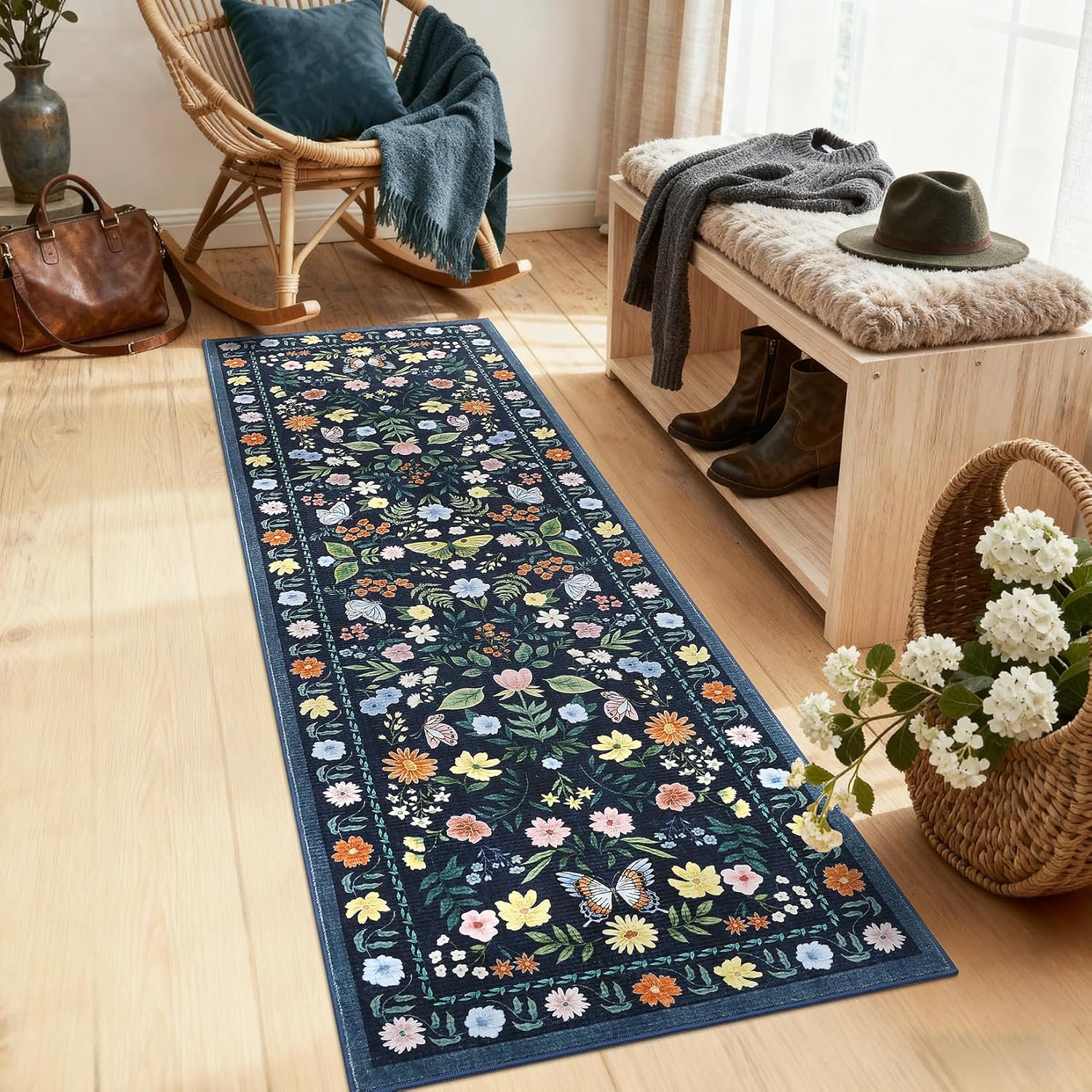 GarveeHome Washable Runner Rug 2x6, Floral Boho Area Rug for Hallway, Low-Pile Non-Slip Stain Resistant Carpet for Kitchen, Bedside,Laundry Room,Entryway (Blue)