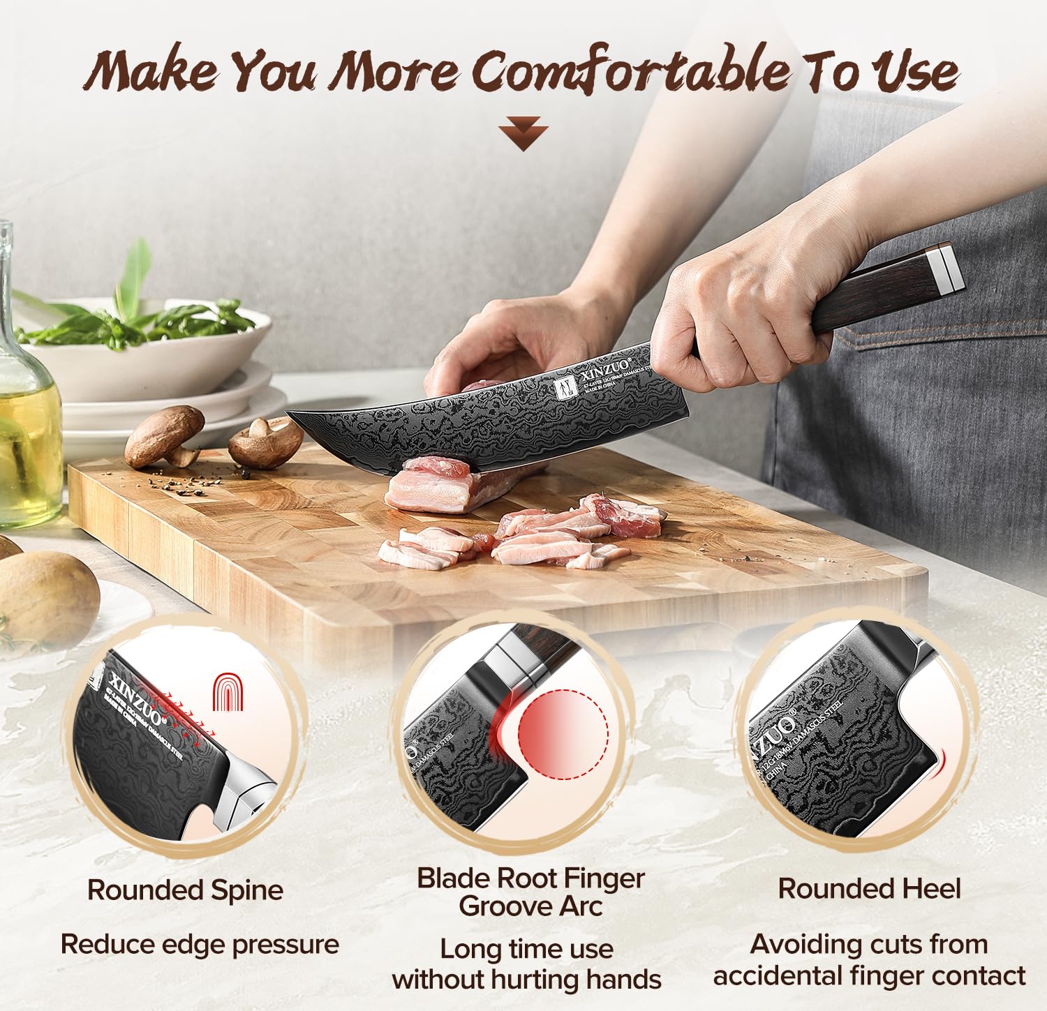 XINZUO Acero de Damasco 19cm Cuchillo de Trinchar de Cocina -Recubrimiento de Titanio Negro -Afilado Forjado Cuchillo Fileteador de Cocinero Profesional -Mango de Madera de Ébano -con Caja de Regalo