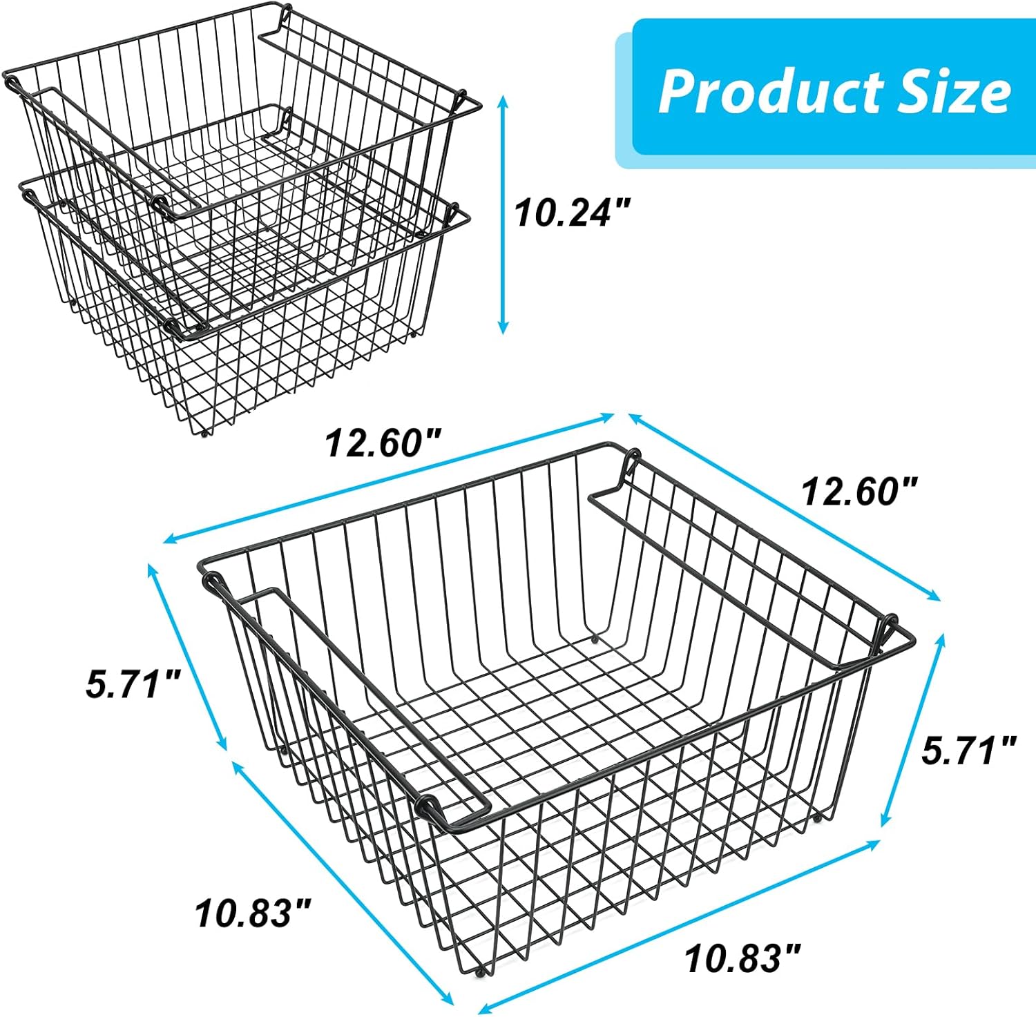 Set of 2 Stackable Wire Basket with Wood bottom For Pantry Storage and