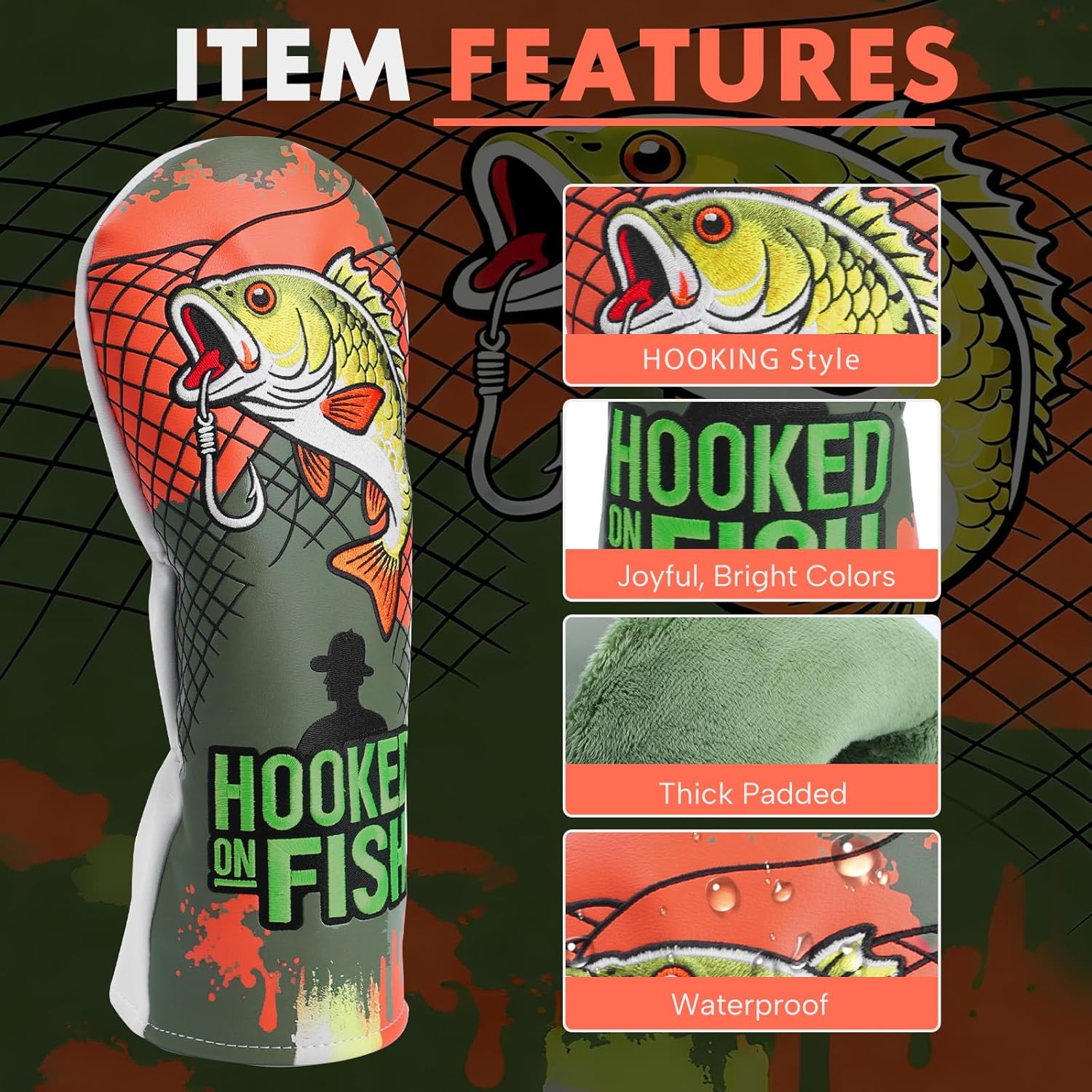 Golf Headcovers by HOOKED ON GOLF | Hook ON Fish Fishing Theme | 460cc Driver, 3 Wood, Hybrid Headcover | Single 1pc or Complete 3pc Set