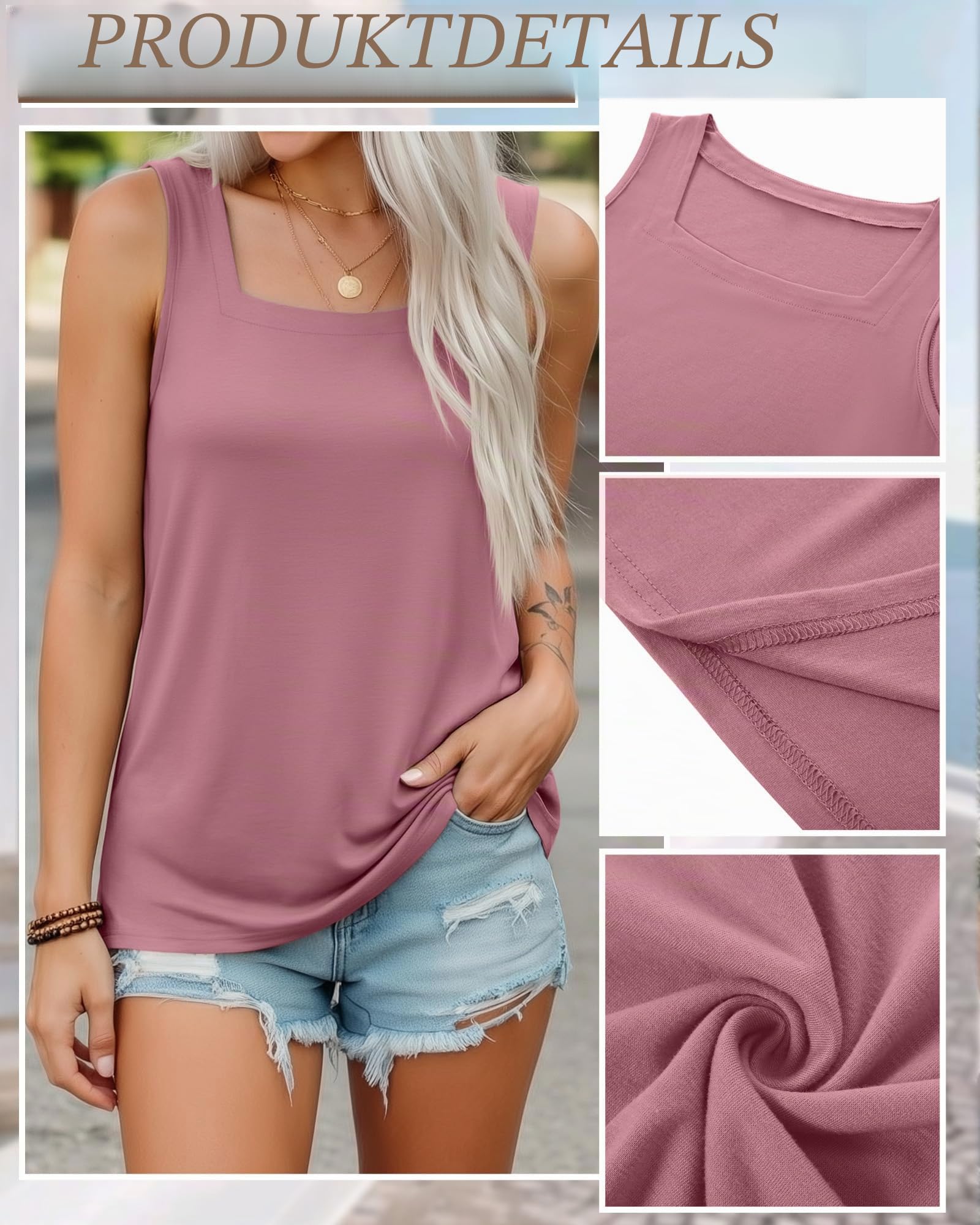 Riyiper 4er-Pack Sommer-Tanktops für Damen, Ärmellose Shirts, Lockere Passform, Eckiger Ausschnitt