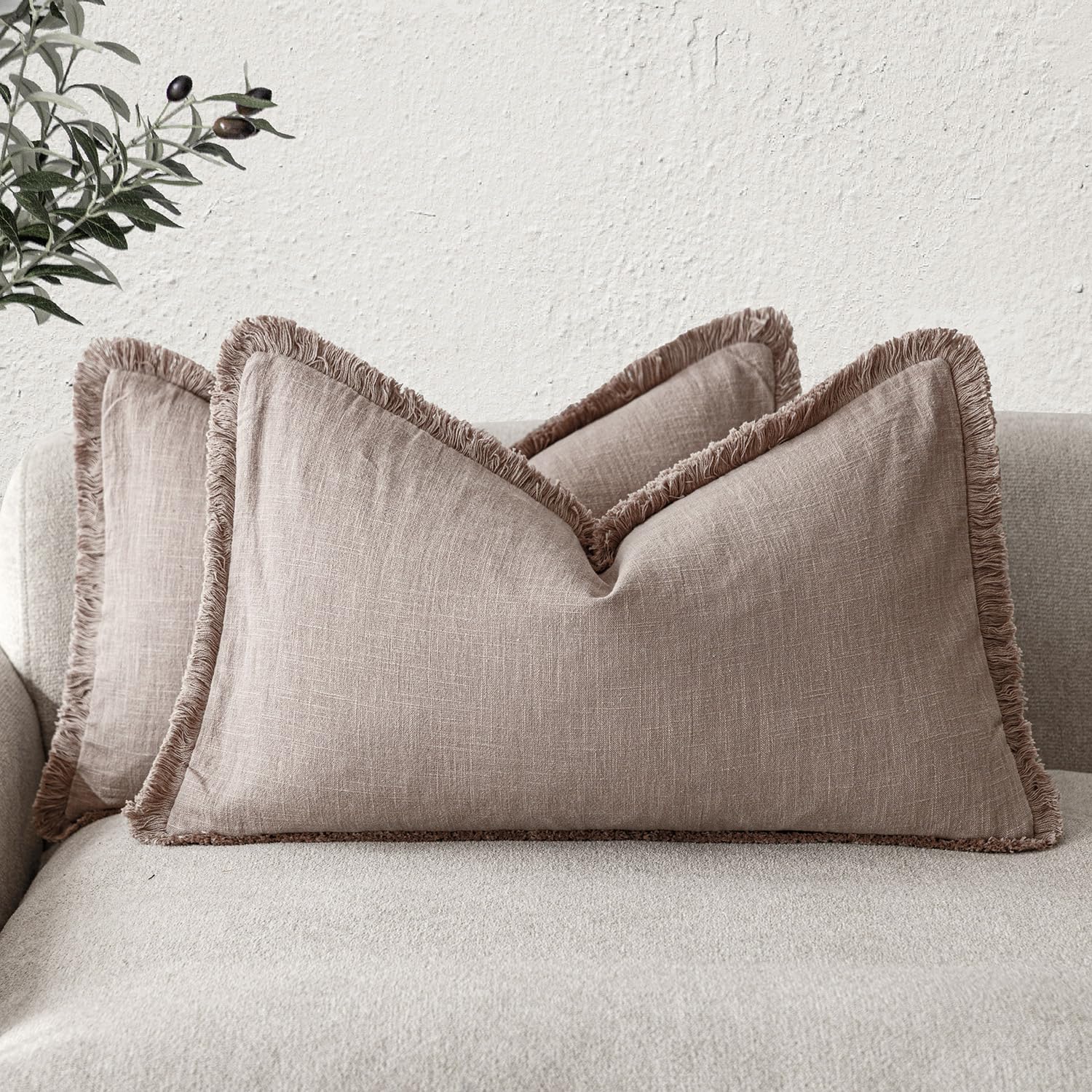 Foindtower Set of 2 Decorative Linen Fringe Lumbar Throw Pillow Covers Farmhouse Cushion Cover with Tassels Soft Accent Pillowcase for Couch Sofa Bed