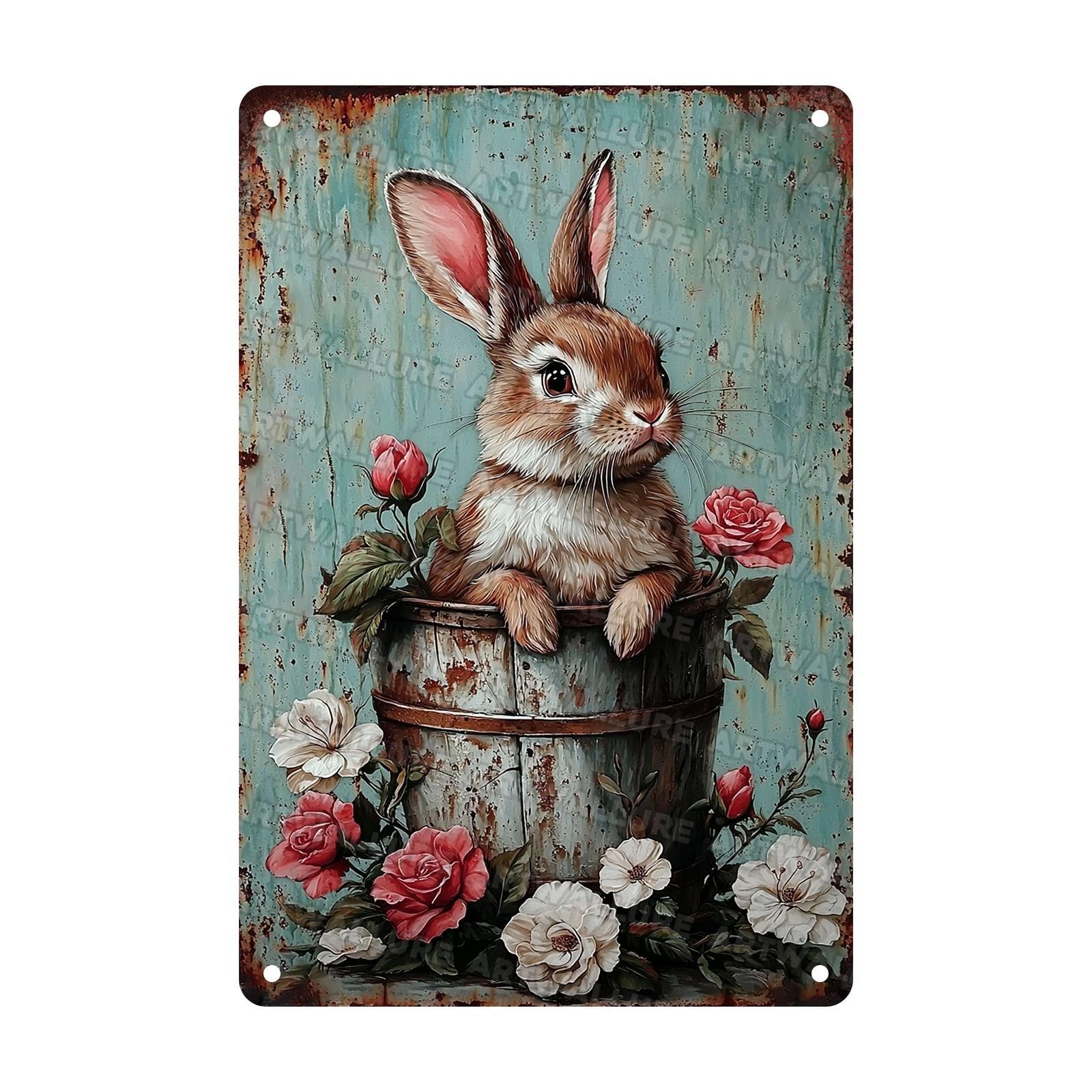 Easter Vintage Rabbit Metal Tin Sign Rustic Bunny Art Sign Farmhouse Decor For Home Garden Garage Garden artistry Decor 8x12Inch
