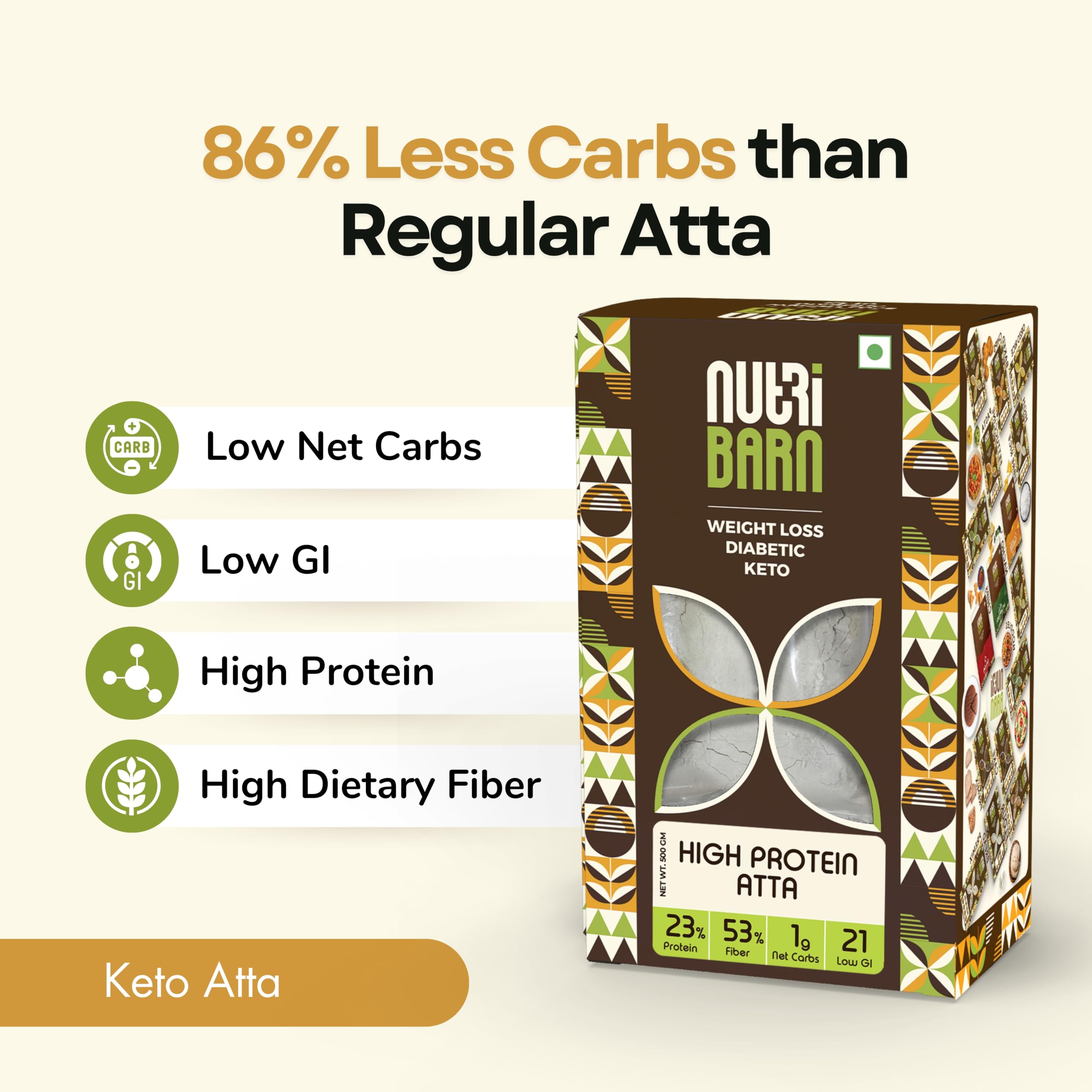 Nutribarn High Protein Low Carb Atta 1 Kg | 23% Protein | 1g Net Carbs Per Roti | Lab Tested Low GI 21 | Diabetic Friendly, Weight Management Flour | 500g (Pack of 2) 1
