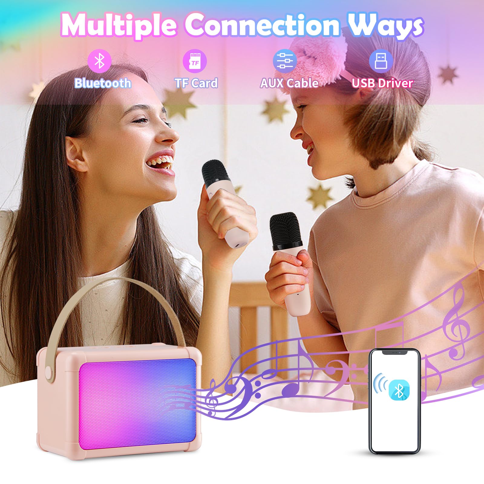 Karaoke 2 Microfonos Inalambricos,Altavoz Karaoke Bluetooth para Infantil y Adultos para Regalos con USB/Tarjeta TF/AUX Fiesta Familiar en Casa(Rosa), G900S-02