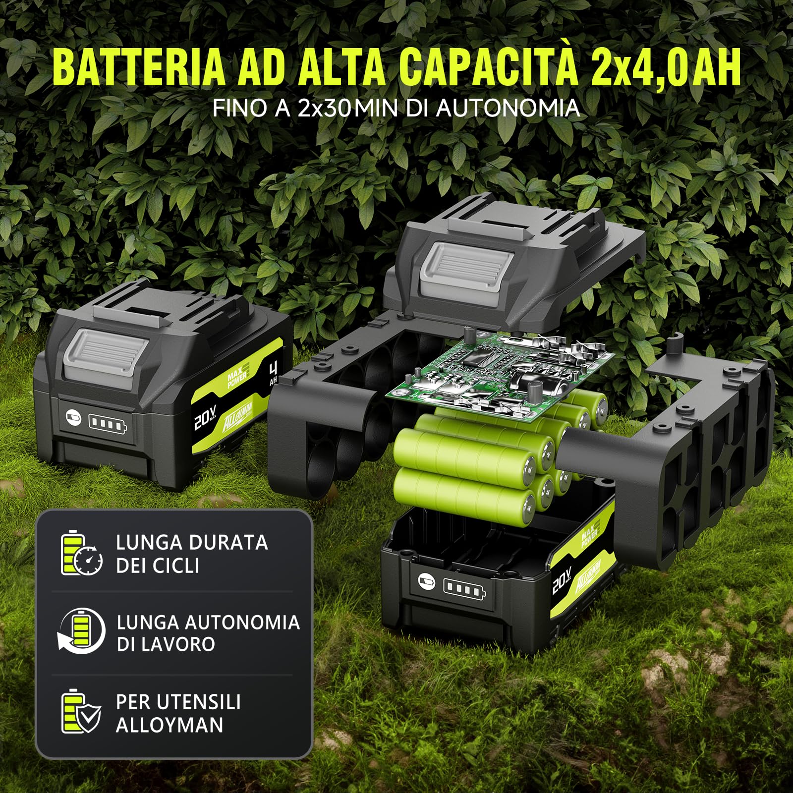 Alloyman Potatore Telescopico a Batteria 20V MAX, sega potatrice elettrica, Sega ad Asta a Batteria, 2 x 4,0 Ah e caricabatterie, Lama da 20 cm, 4KG, Velocità 5,5 m/s, Lubrificazione Automatica