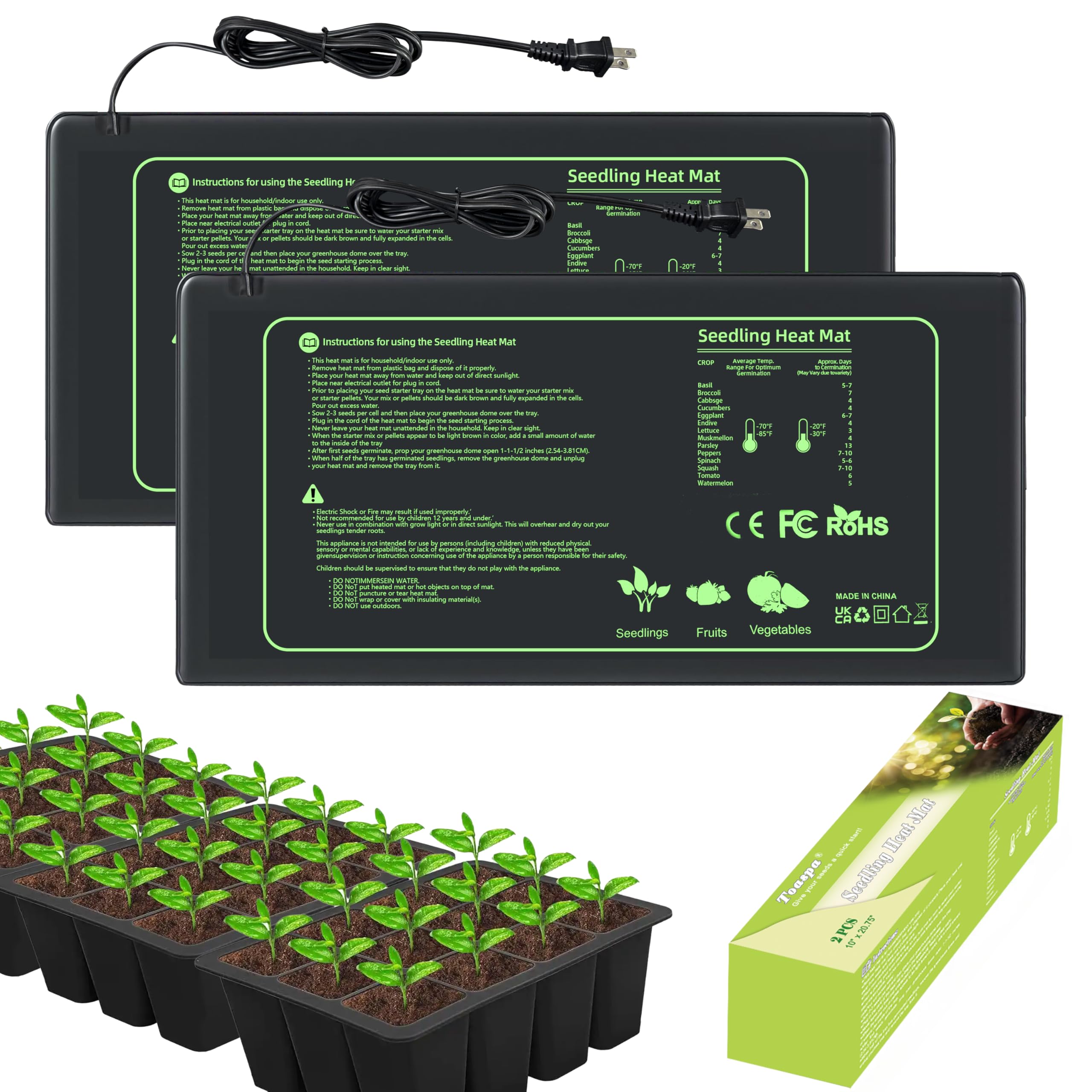 Paquete de 2 alfombrillas de calor para plántulas, 10 x 20.75 pulgadas, IP67, impermeable, para iniciar semillas, jardinería, elaboración de cerveza e invernaderos, terrario hidropónico, reptil