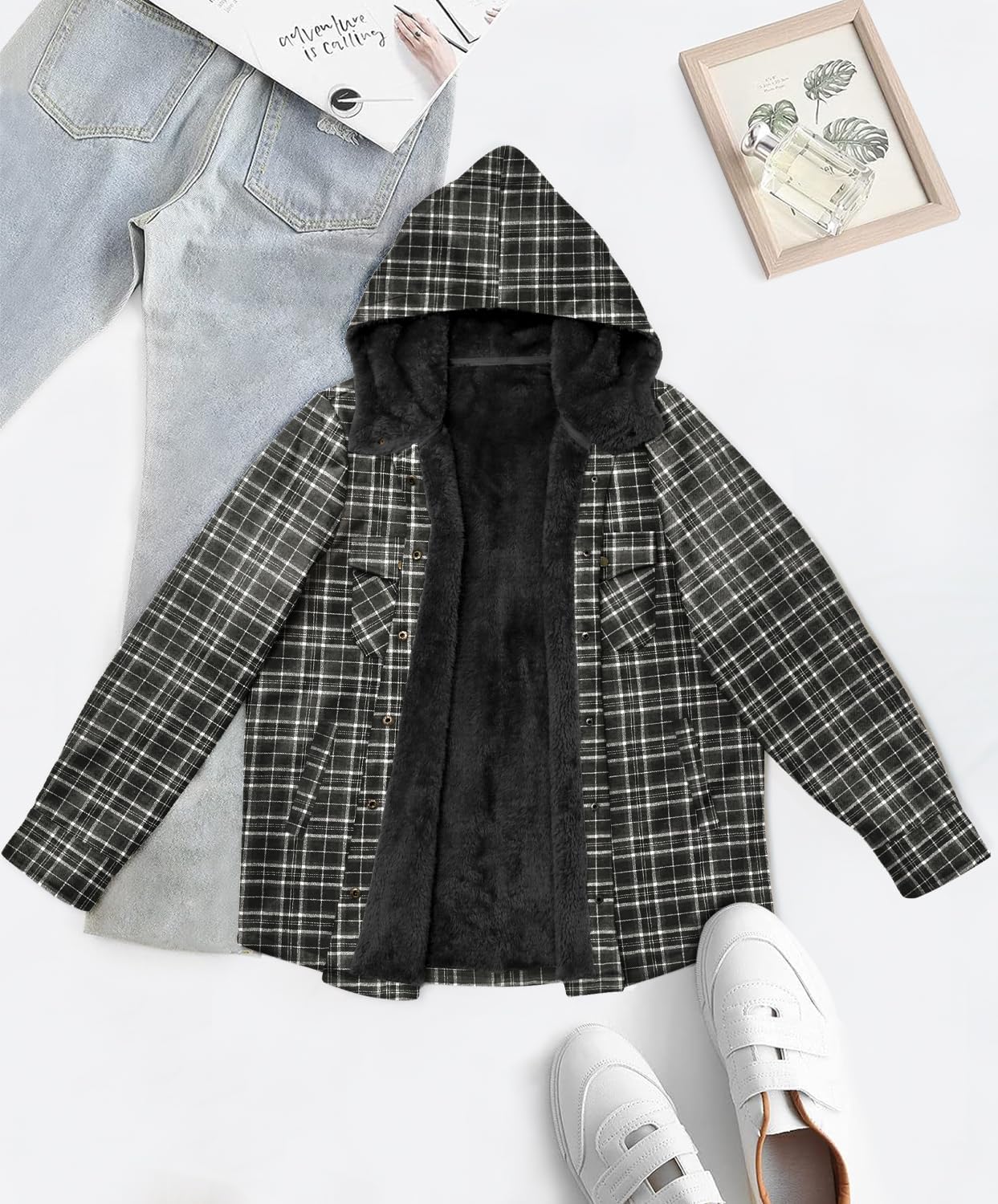 [Updated with Pockets] Womens Plaid Fleece Jacket Long Sleeve Button Down Hooded Jackets Warm Coat for Winter Fall - Image 3