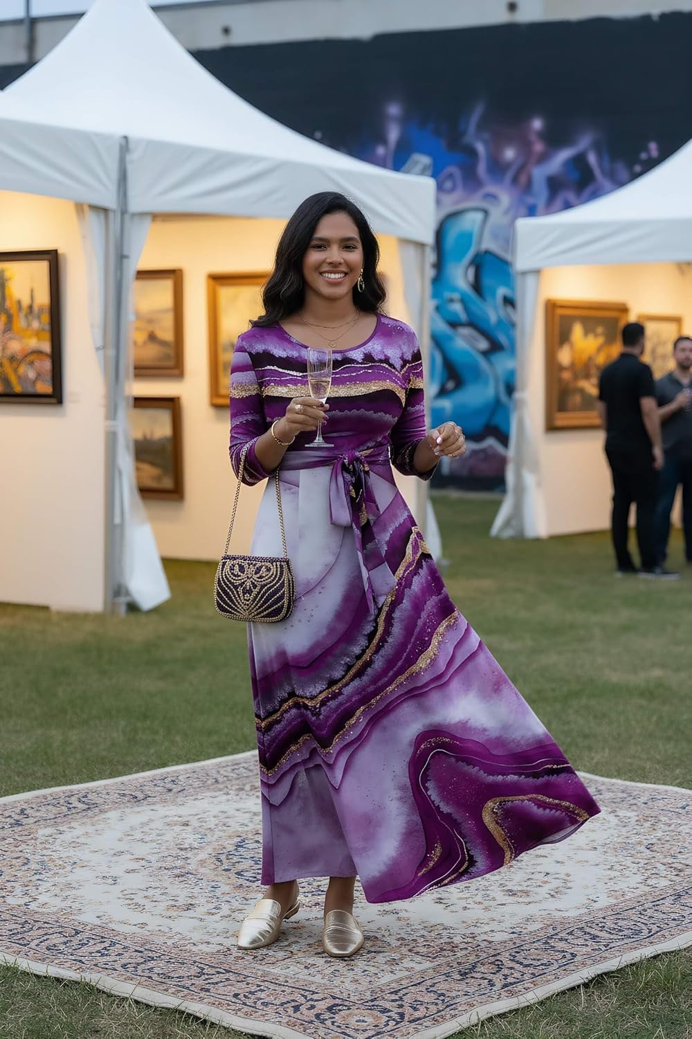 FANDEE Maxi Dress for Women 2026, Long Casual Empire Waist Dresses 3/4 Sleeve Round Neck with Belt - Image 2