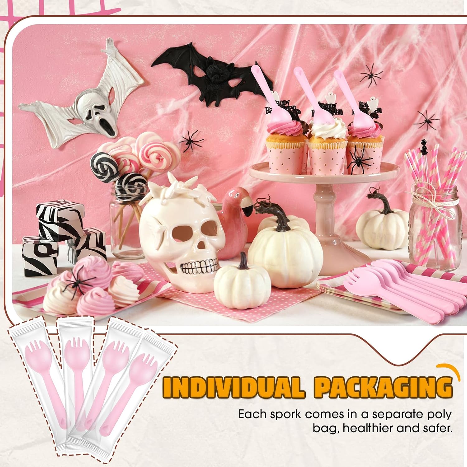 Tioncy 100 Pcs Disposable Plastic Sporks Individually Wrapped Disposable Sporks 4.5'' x 1.26'' 2 in 1 Fork and Spoon Set Serving Utensils for Dessert Restaurant Party Supply (Pink)