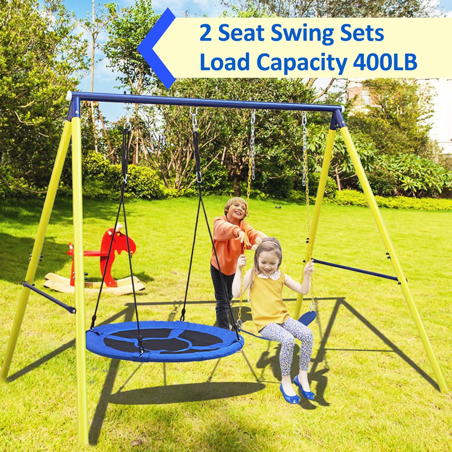 Indoor/Outdoor Metal Swing Set with Safety Belt，Outdoor Saucer Swing Set with Stand,