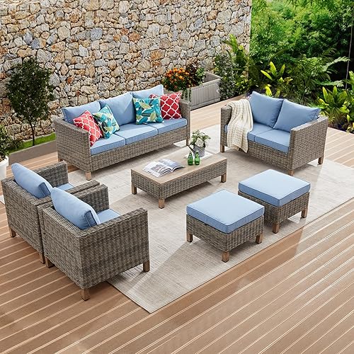 7 Pieces Sectional Sofa with Metal Top Coffee Table, Hand Woven Wicker Rattan Conversation Set, Outdoor Furniture for Poolside, Garden, Porch PE Rattan Sofa Set (Blue)