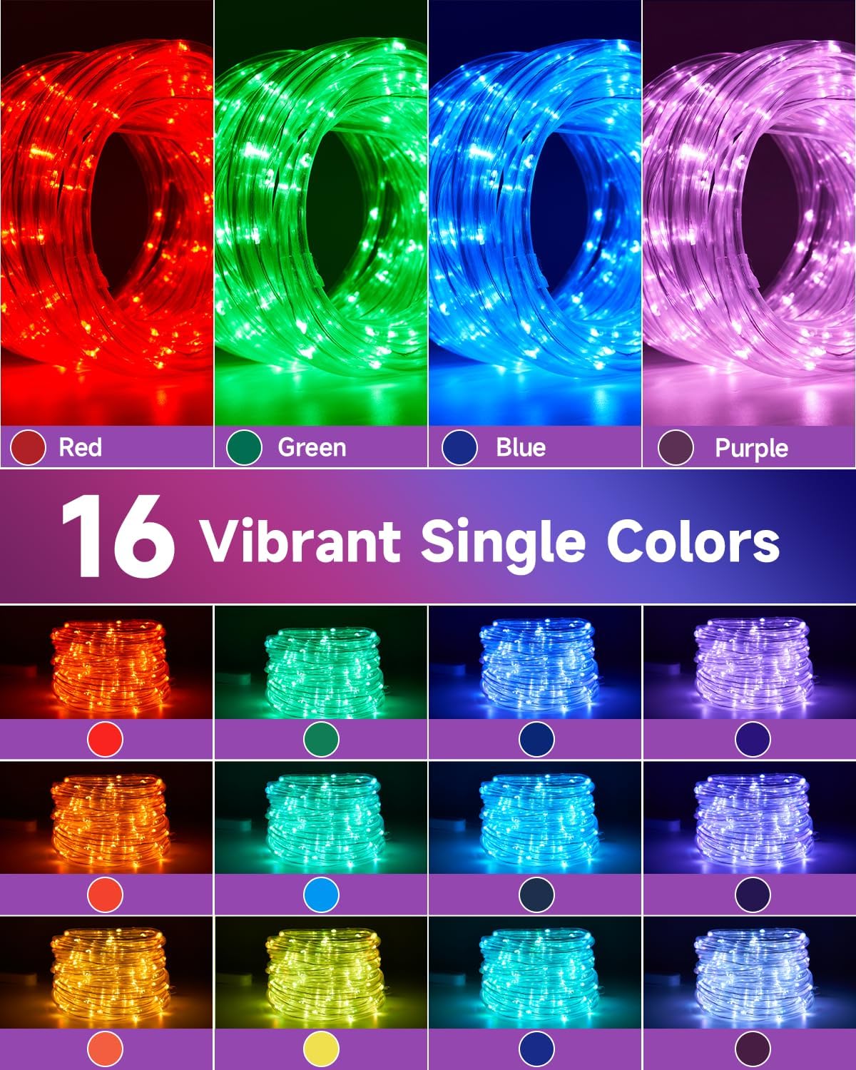 50FT Rope Lights for Outside,24 Colors Changing RGB LED Outdoor Rope Lights Waterproof with Plug & Remote,Red White and Blue Rope Lights for Camping Pool Bedroom Indoor Decor