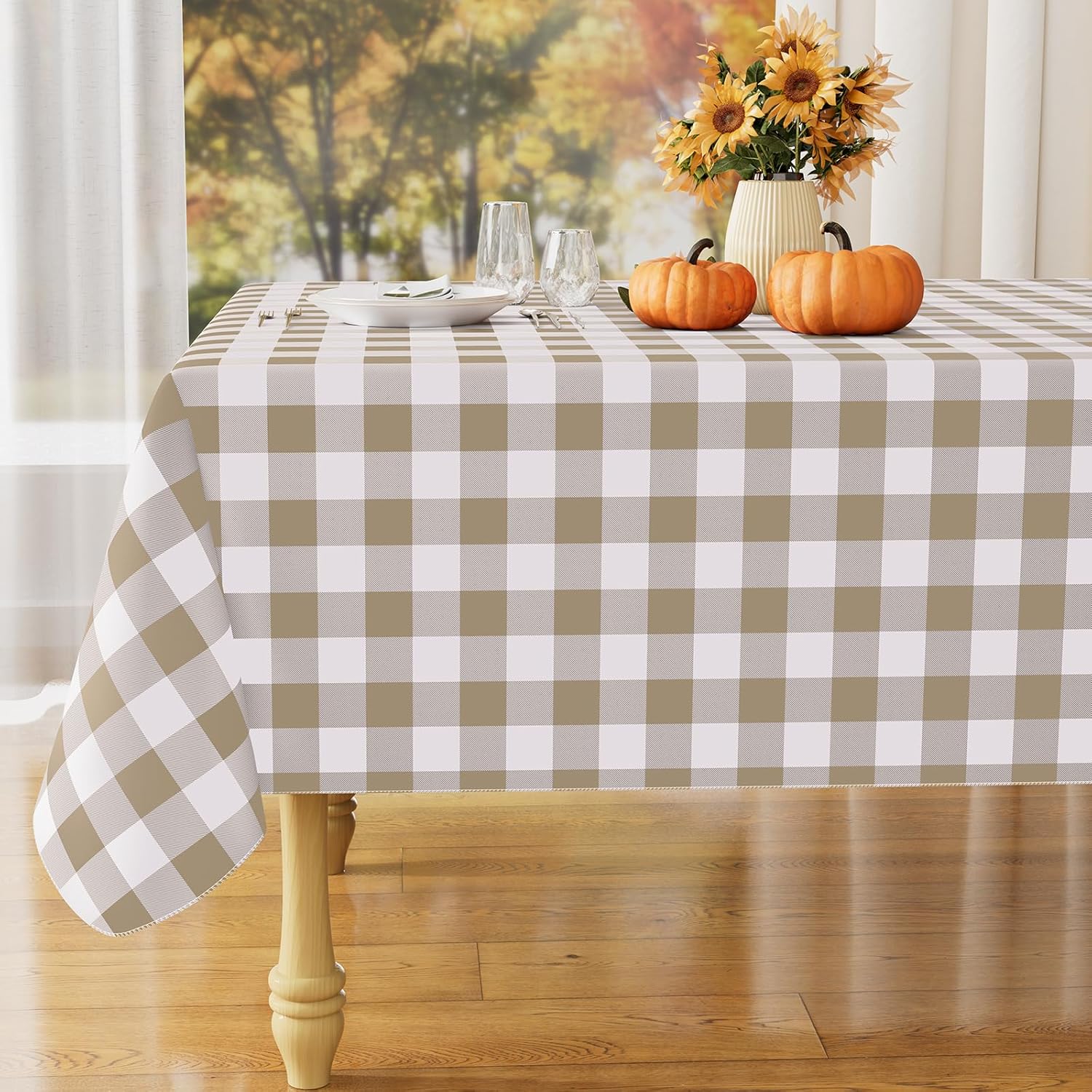 Khaki and white gingham tablecloth