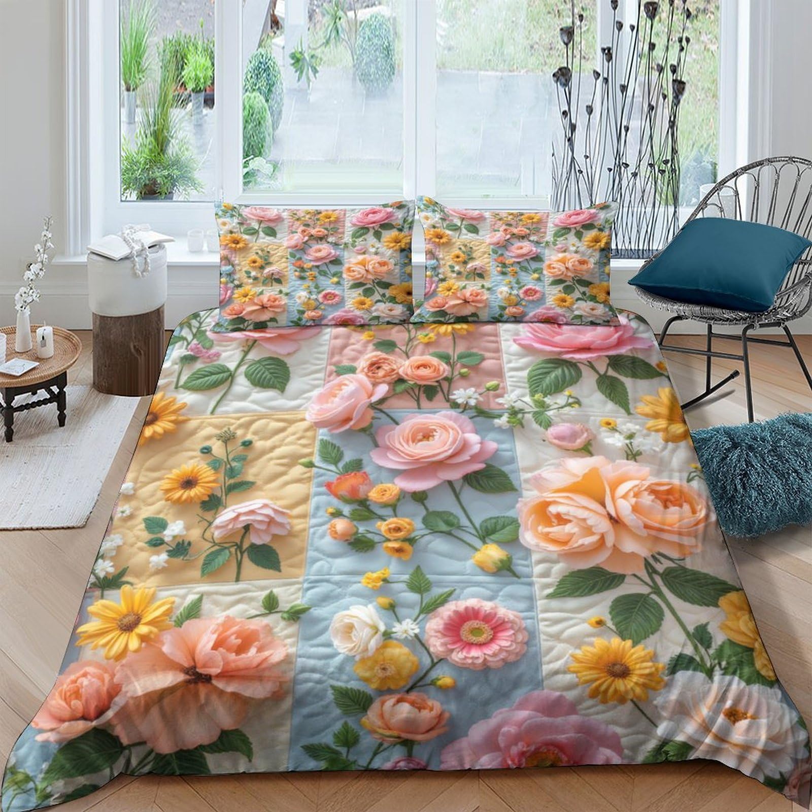 Unrxjzlvm Style-7 Floral 3D Microfiber Duvet Set Aesthetic Bedding Teens