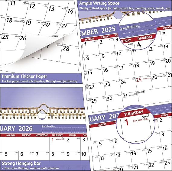 2026 Wall Calendar - 3 Month Calendar 2026 Vertical, Jan 2026 - Dec 2026, 3 Month Wall Calendar 2026, 11 x 26 In Open, 2026 Calendar with Large Print, Holidays, Thick Paper, Priorities & Notes, Purple