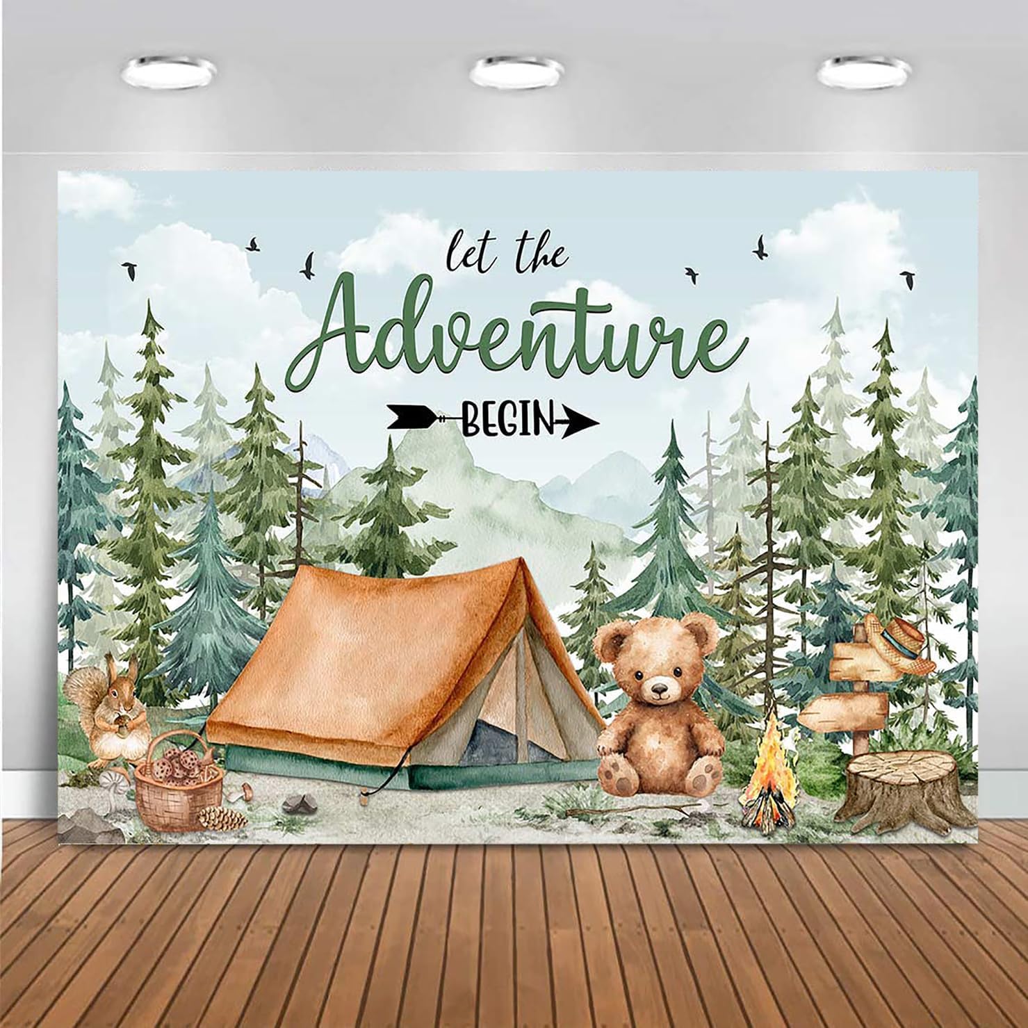 Mocsicka Let The Adventure Begin Backdrop Camping Woodland Baby Shower Decorations Adventure Awaits Baby Shower Background Banner Photo Booth Props (