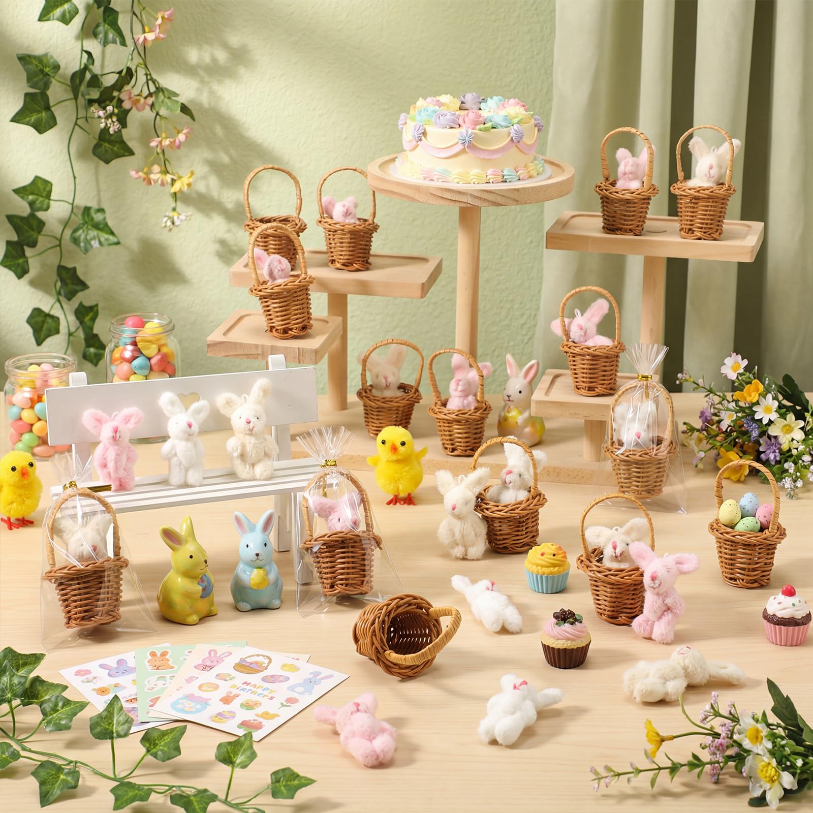 Seenelling 24 Set/ 72 Pcs Easter Gifts Bulk, Mini Easter Bunny Plush with Mini Wicker Basket, 2.4 in Stuffed Rabbit with 3.1 in Woven Basket, Bunny Party Favor, Team Appreciation Gift