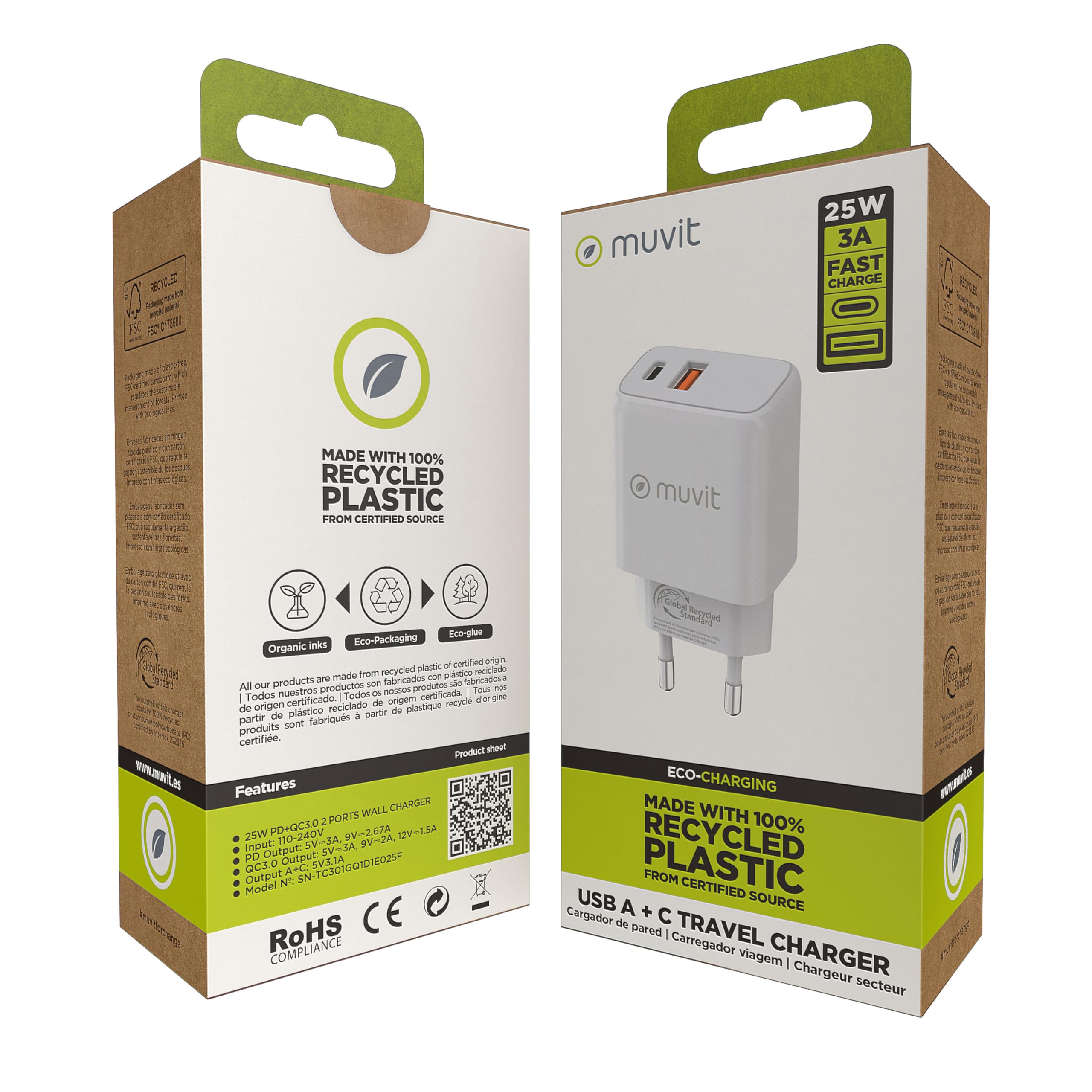 muvit for Change Chargeur mural 1 USB QC 3.0 18 W + 1 Type C PD 25 W Blanc