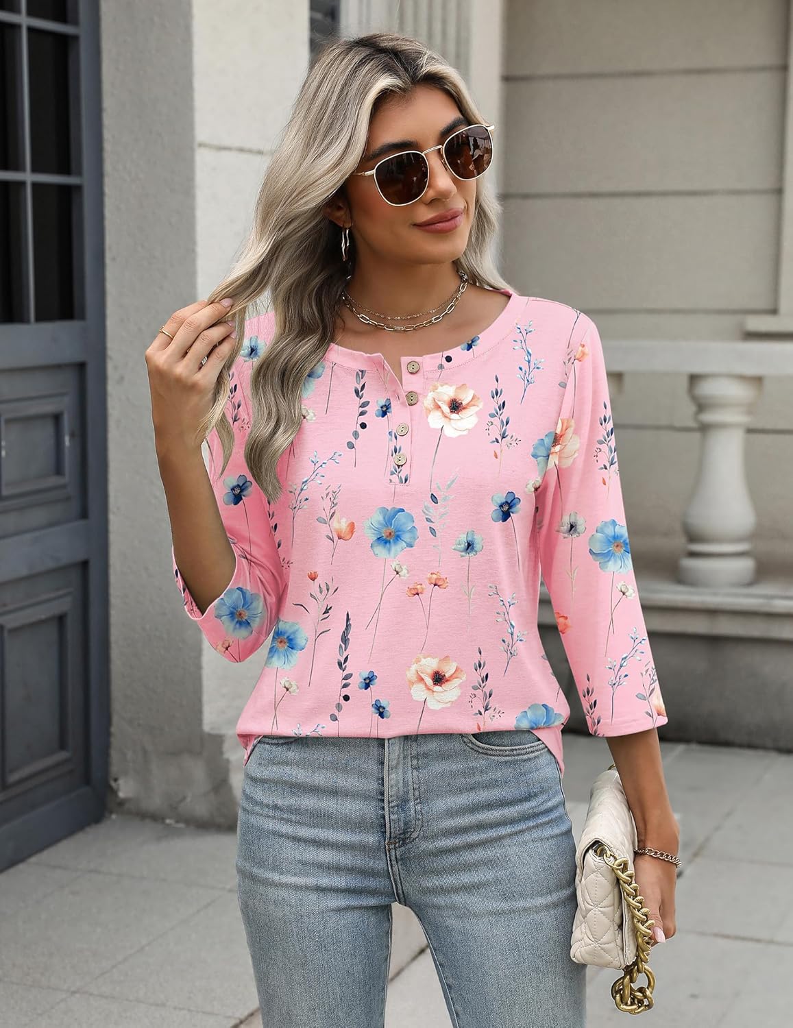 Zeagoo 3/4 Length Sleeve Women Tops Crew Neck Blouses Dressy Casual Summer T Shirts Loose Fit Business Work Clothes - Image 3