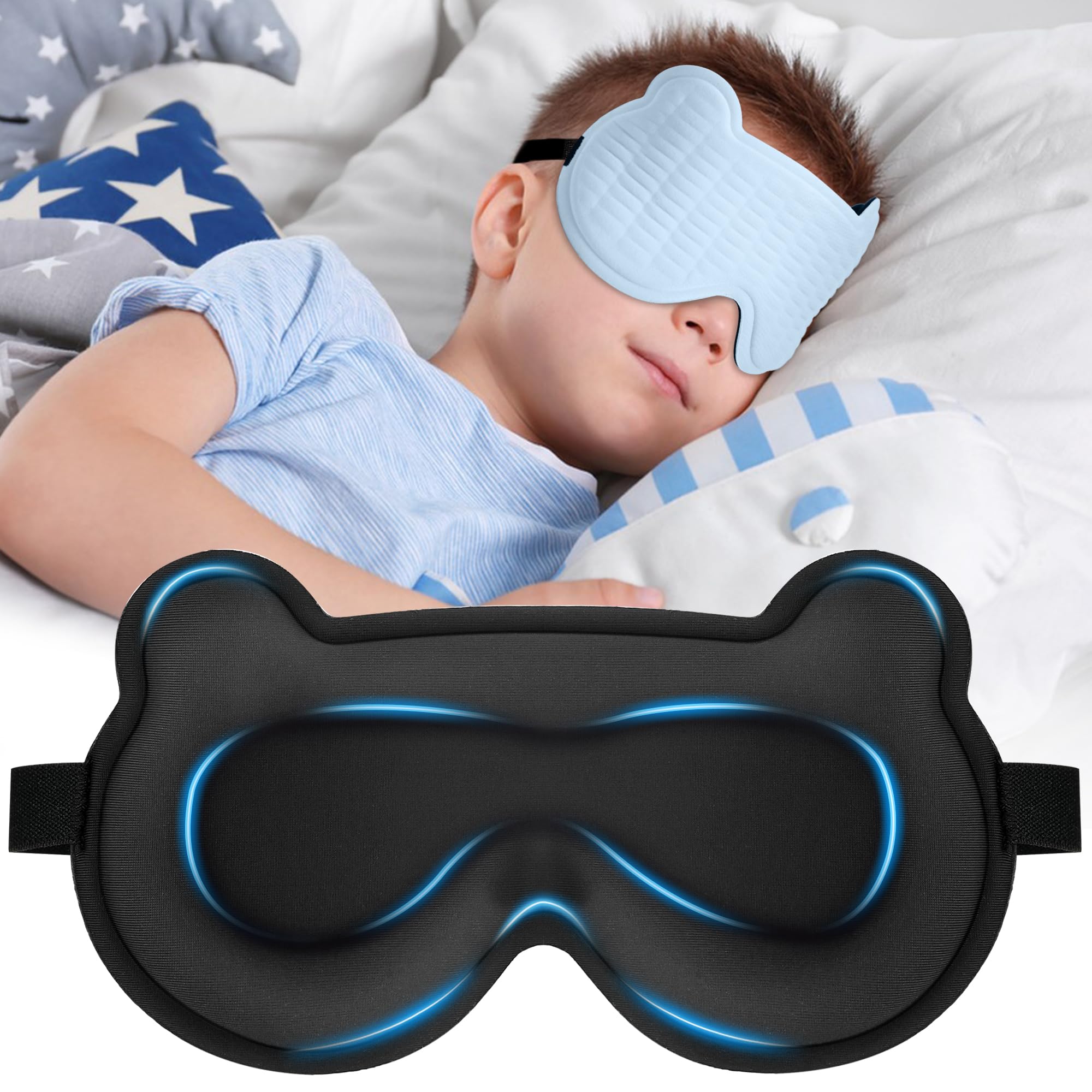 3D Kids Sleep Mask – Cute Bear Eye Mask for Sleeping, Comfortable Memory Foam Sleep Mask for Kids, Adjustable Strap and Lightweight Sleeping Mask for Boys Girls Teens Ages 5-15 (Blue)