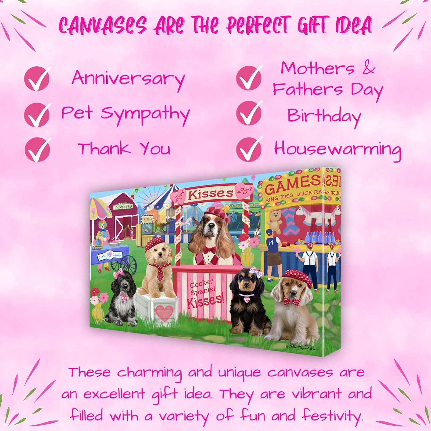 Doggie of the Day Carnival Kissing Booth with Cocker Spaniel Dogs Canvas Wall Art - Premium Quality Ready to Hang Room Decor - 1.5" Thick Canvas Wrap 8" x 10"