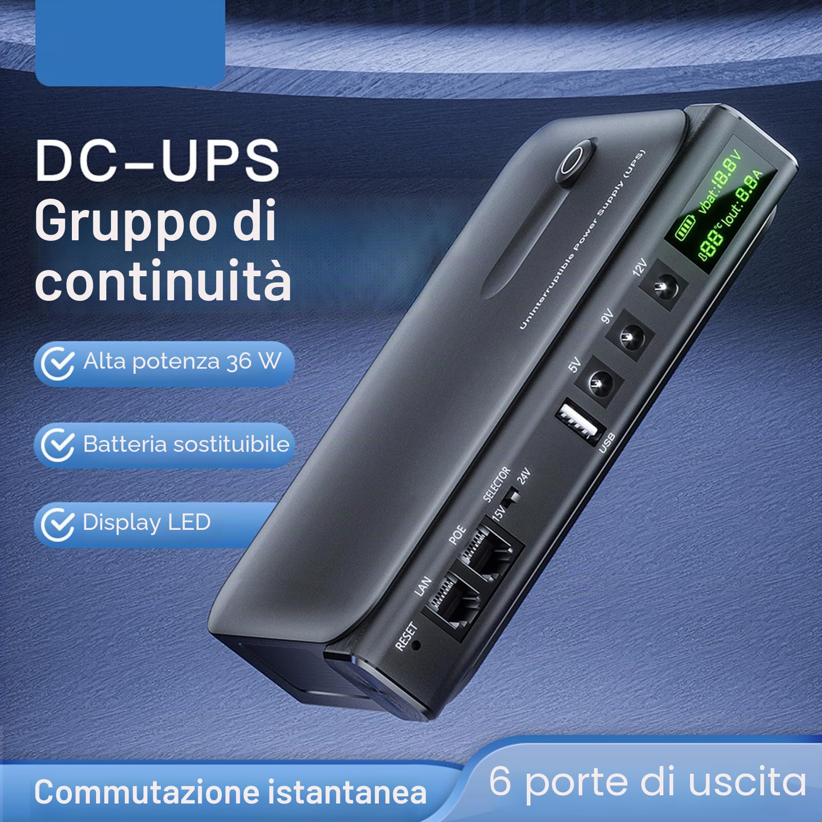 Denash Gruppo di continuità UPS 36 W, Batteria di Riserva Al Litio con Display a LED, Interfacce Multitensione, per Router, Fotocamere, Piccoli Dispositivi Elettronici, Alimentazione (Spina europea