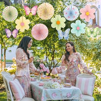 Sunbeauty Pack of 12 Paper Fans Decoration Butterfly Flowers Garland Schmetterling Blumen Papierfächer für Gartenparty Hochzeit Geburtstag Tea Party Tischdeko Classroom Baby Shower Fasching Deko