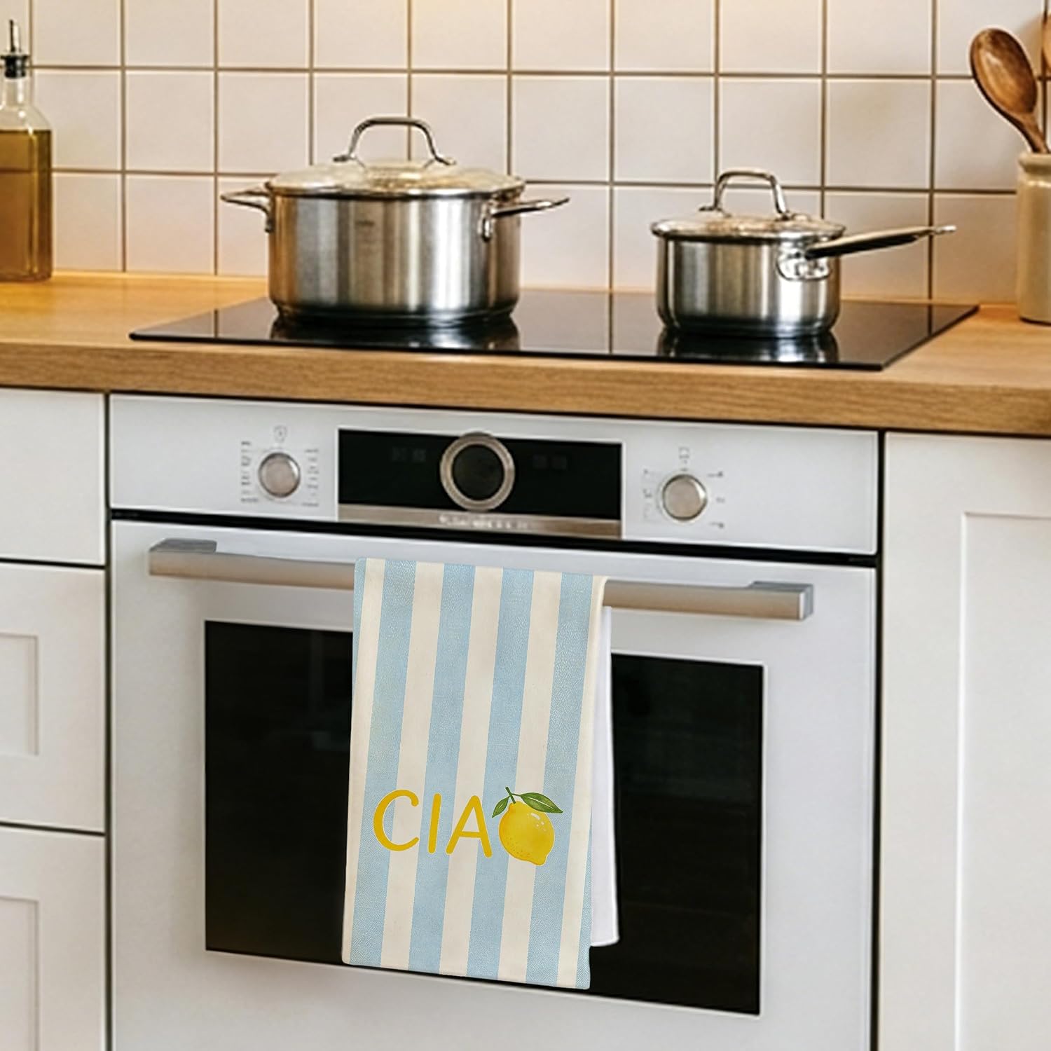 Italian Lemon Kitchen Towels - Lemon Gifts for Women, Summer Italian Gifts, Blue and White Striped Italians Ciao Hand Towels Dishcloth for Kitchen Bathroom Decorative, 16x24 Inch