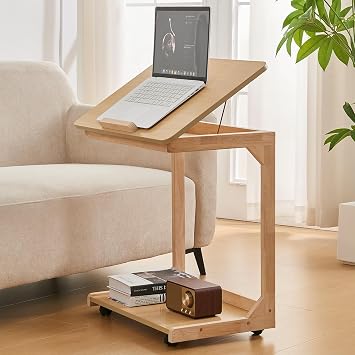 CozyDH C Shaped Rolling Side Table - Natural Solid Wood End Table with Tilting Top, Adjustable Laptop Tray Sofa Side Table with Wheels for Bedroom,Couch,Living Room Home Office
