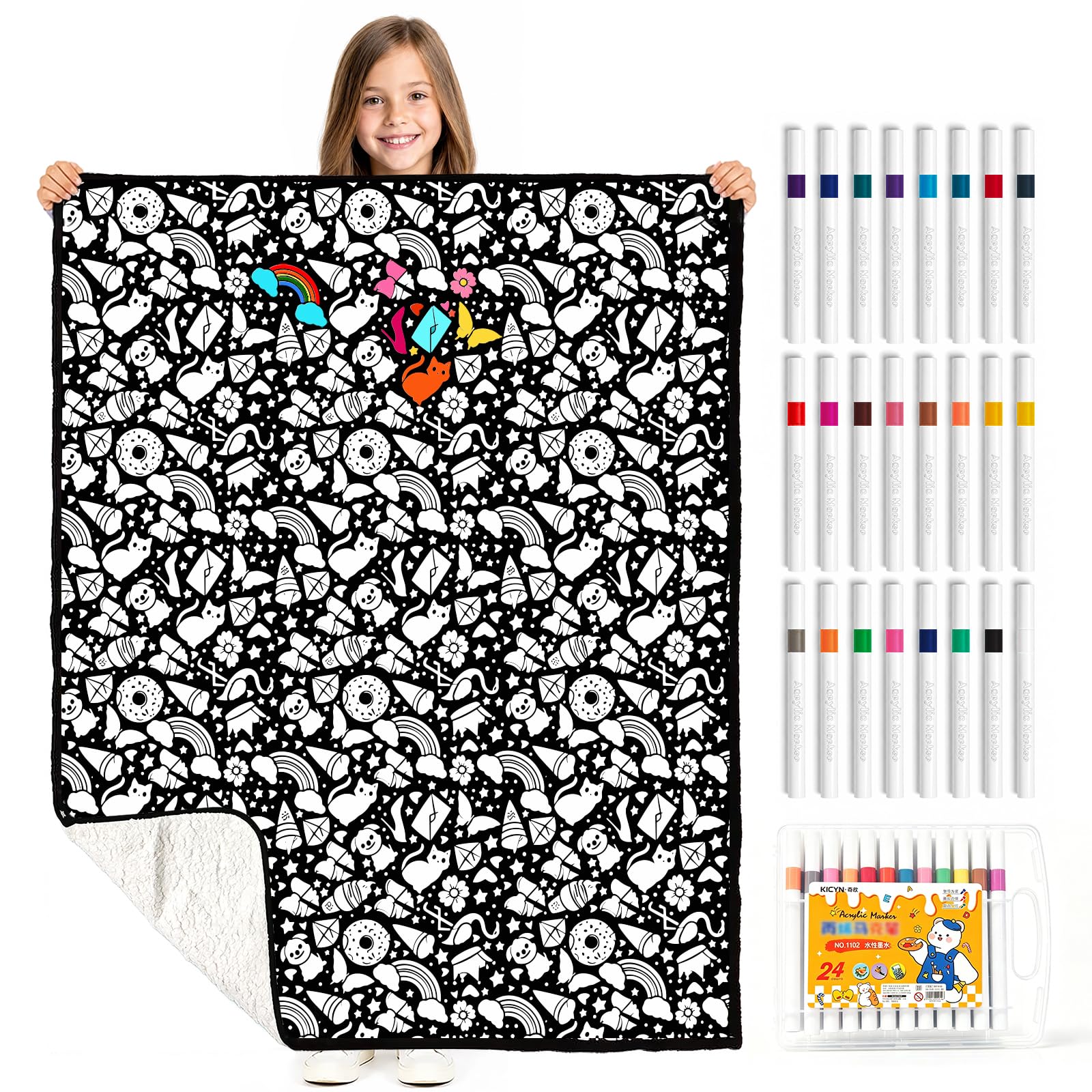 ZHAYUCHU DIY Coloring Blanket with 24 Markers Kit, Color-in Blanket for Kids & Adults 50x60 Inch, Washable & Color Your Own, Fun Creative Set for Everyday Use & Home Decor（Animals）