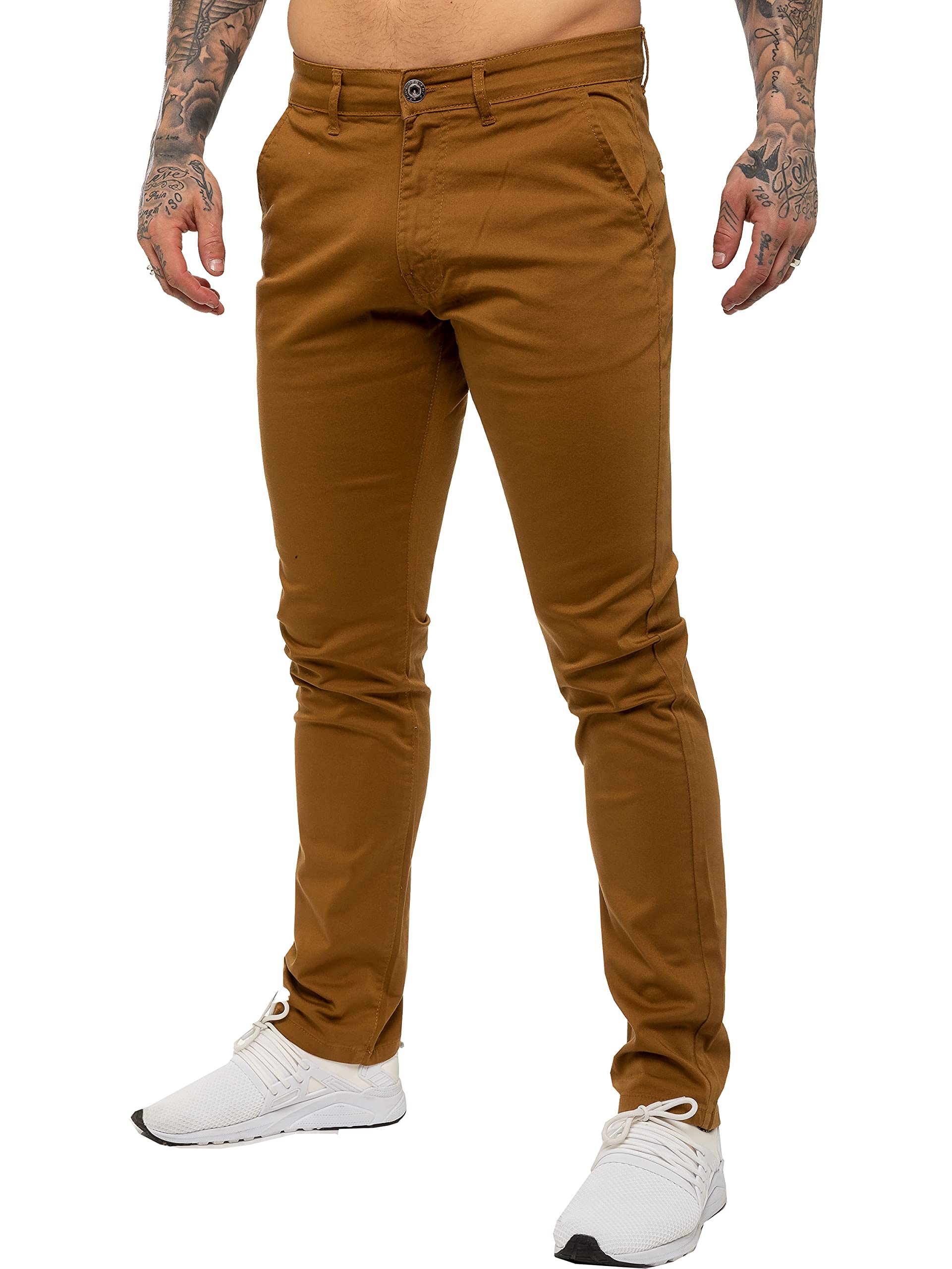 Enzo Mens Designer Skinny Slim Fit Chinos Super Stretch Trousers Pants EZ348 TAN 42 Regular New Prime