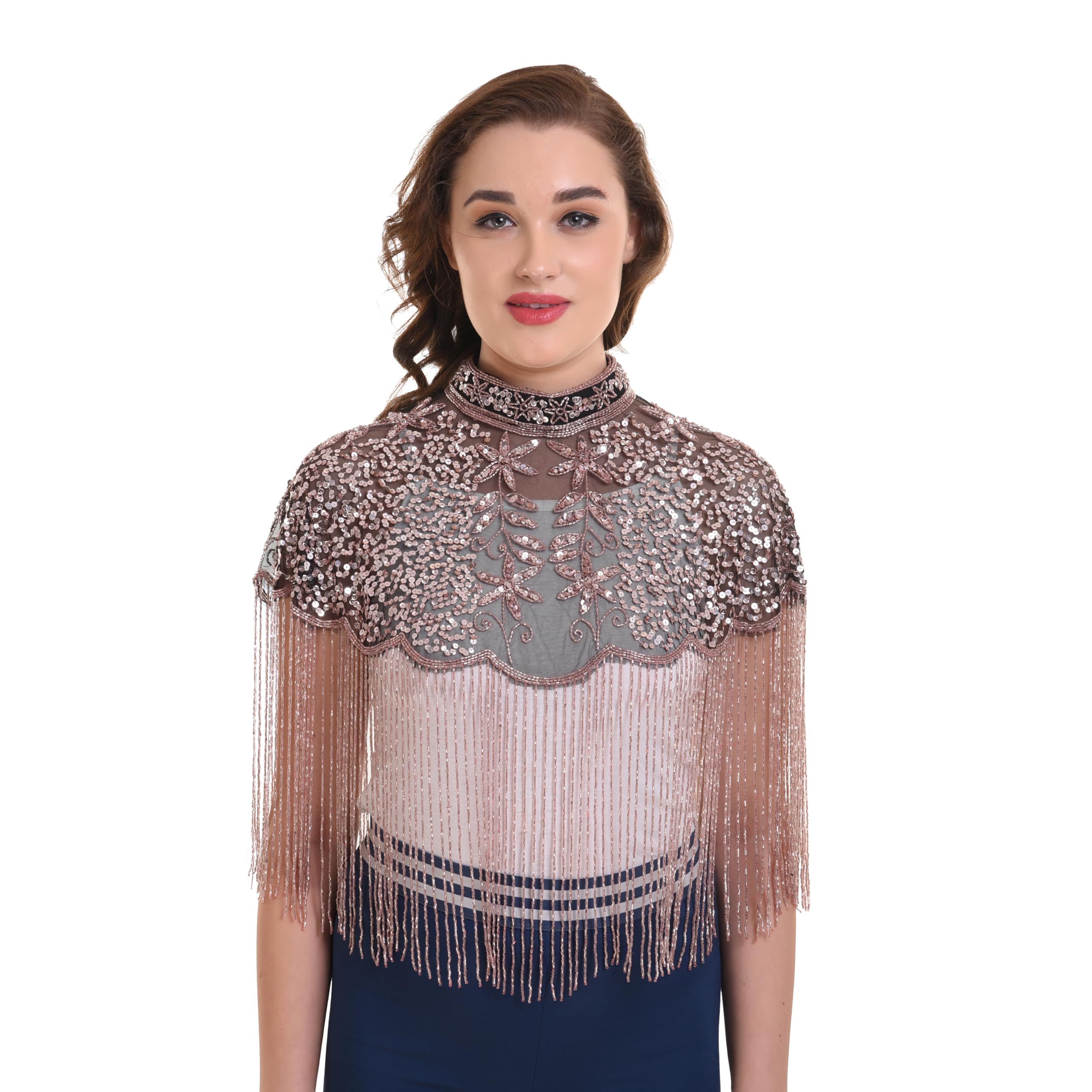 Embroidered Mesh Cape Top with Gold Fringe Round Neck, Beaded Collar Poncho-picture-49