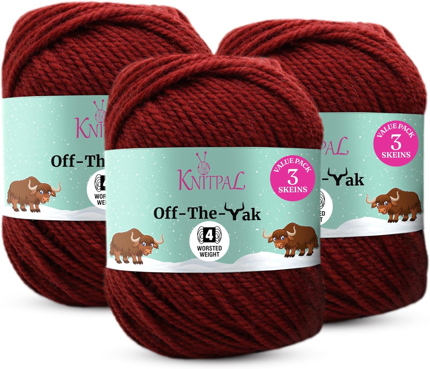 Off-The-Yak Wool Yarn for Crocheting, 3-Pack (360Yds / 300G), Free Patterns - Wool Acrylic Blend Yarn for Knitting - #4 Medium Worsted Weight - Brick Red