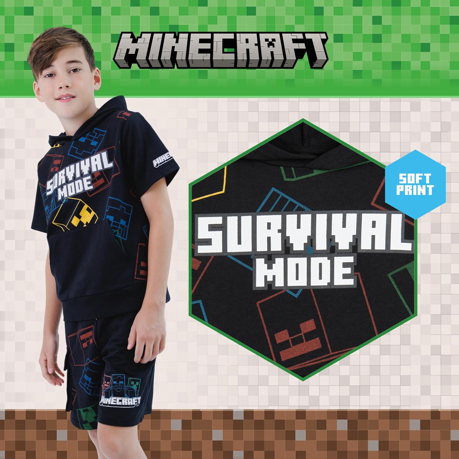 Minecraft French Terry Pullover Hoodie and Shorts Toddler to Big Kid Sizes (4T - 18-20)