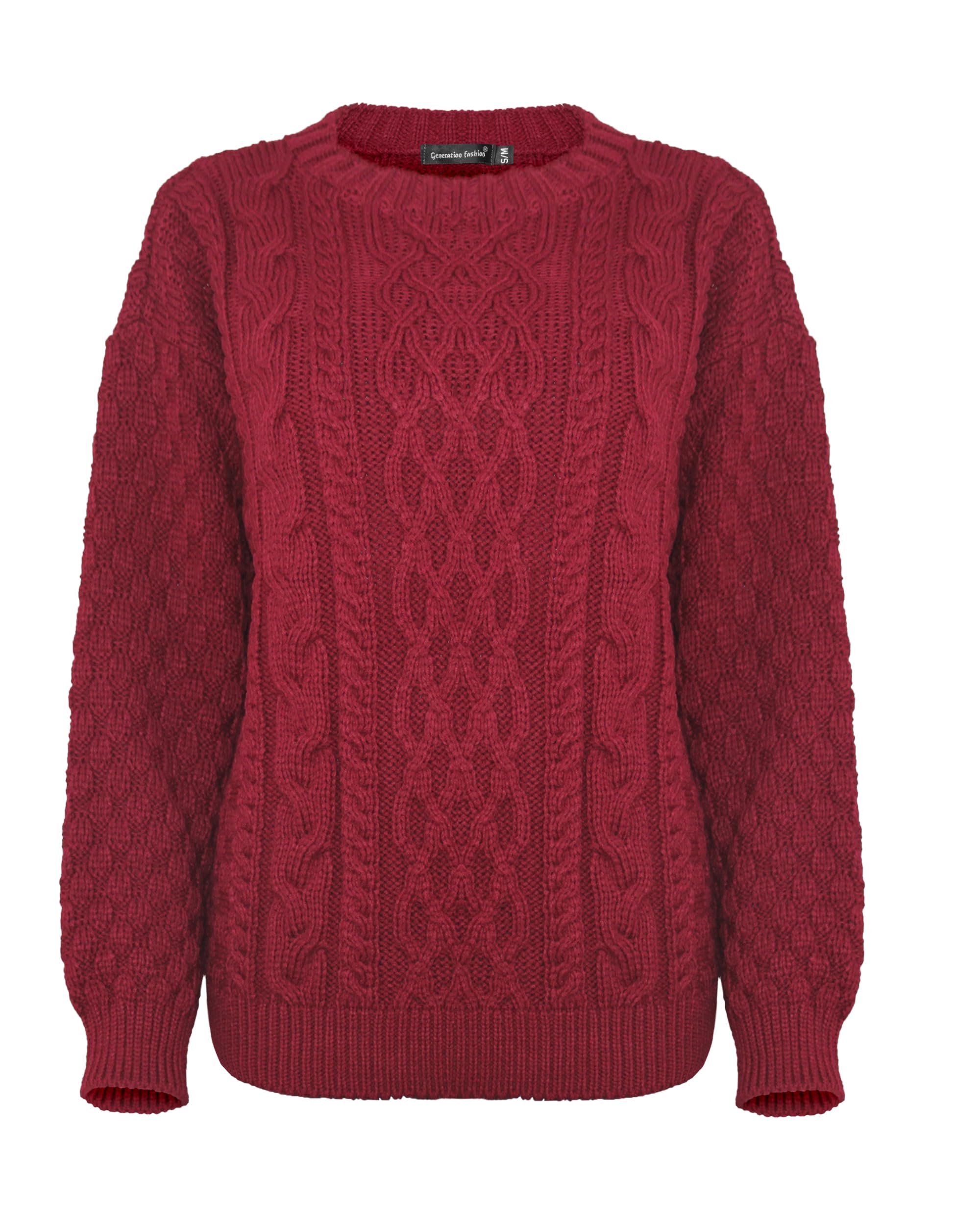 Generation Fashion Women's Wine Crew Neck Knitted Cable Long Sleeve Warm Chunky Sweater Formal Everyday Casual Knitwear Jumper Tops Pullover[,2Xl]
