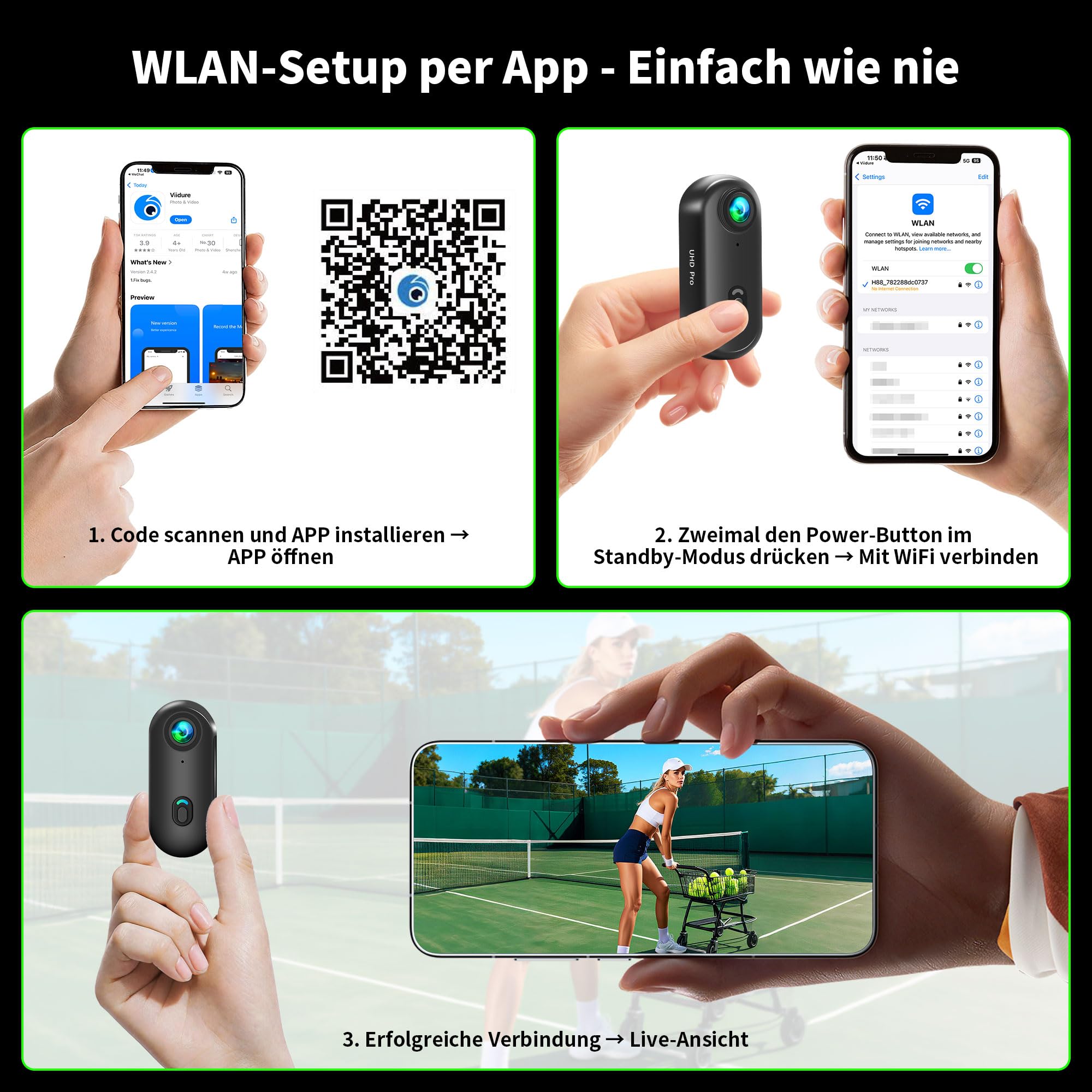 Action Cam 4K WiFi, Actionkamera mit App, Motorrad Helmkamera für Extremsport, Bodycam Körperkamera, Kamera Motorrad für Fahrrad & Multifunktions-Zubehör