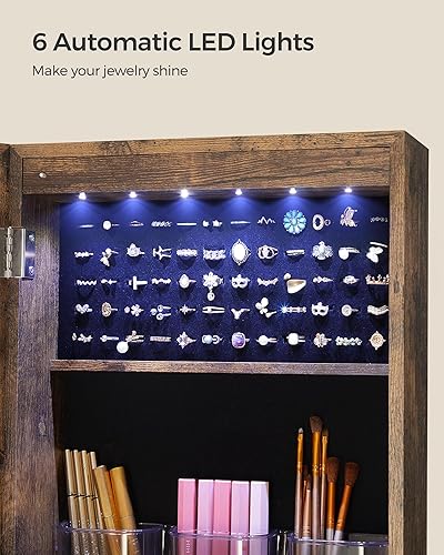 Miniatura 9 de SONGMICS Armario de joyería con 6 LED con bloqueo organizador de joyas armario de joyería de pie con 4 ruedas espejo con almacenamiento de joyas