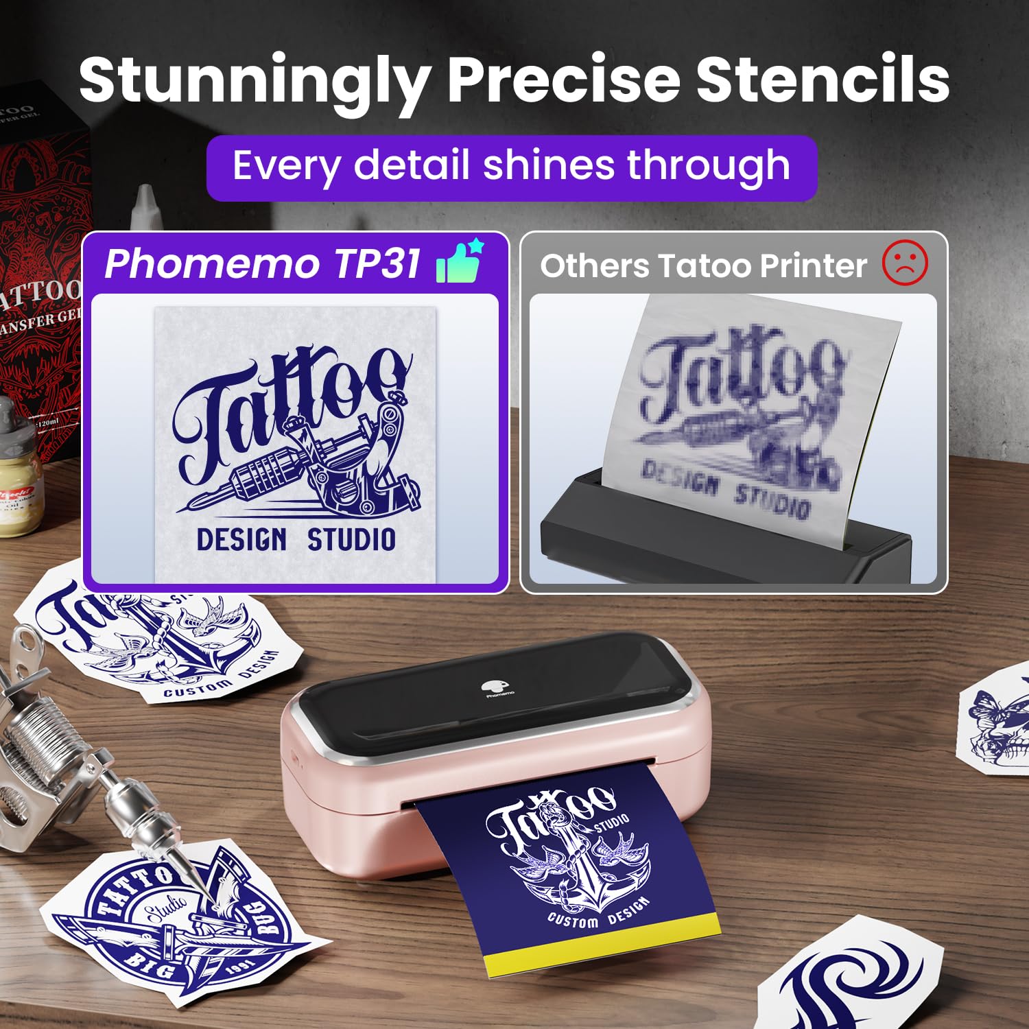 Phomemo TP31 Stampante Stencil Tattoo 3 Pollici, Stampante Termica Tattoo Bluetooth con Carta