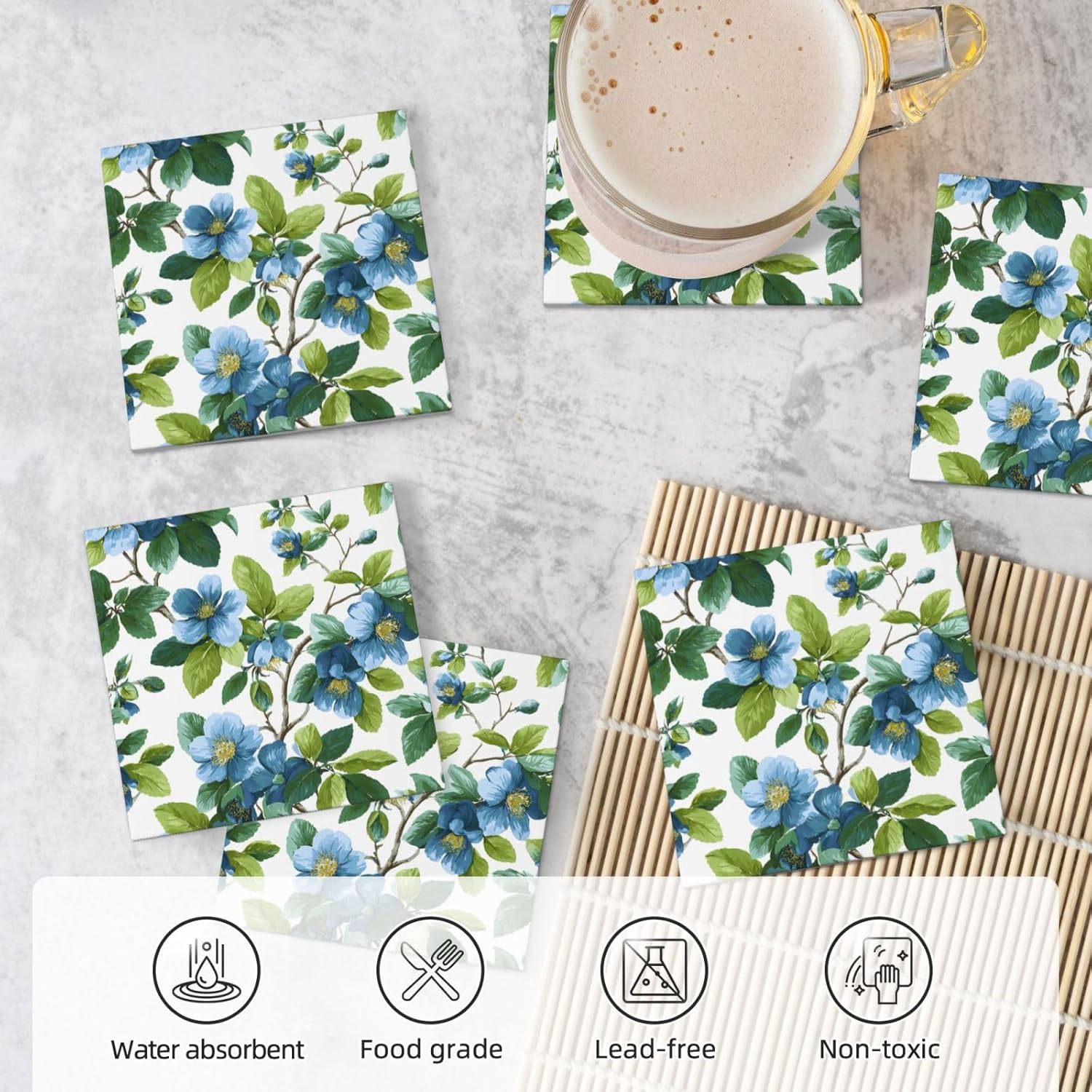 (Blue Flowers and Green Leaves) Ceramic Coasters Set of 6 with Holder Non-Slip Square Coffee Coasters for for Cup Mug Drink Patio Coffee Table Decor, Christmas Coasters Home Bar Supplies