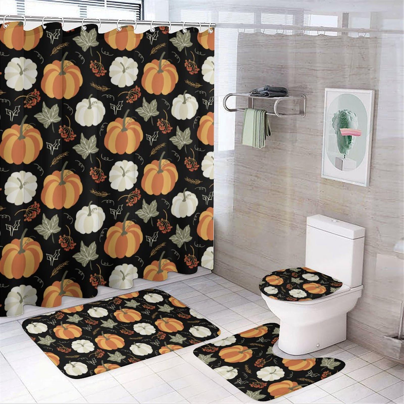 JZemdybill Bathroom Mat Set 4 Piece, Autumn Pumpkin Leaves Shower Curtain with Non-Slip Bath Mats for Bathroom