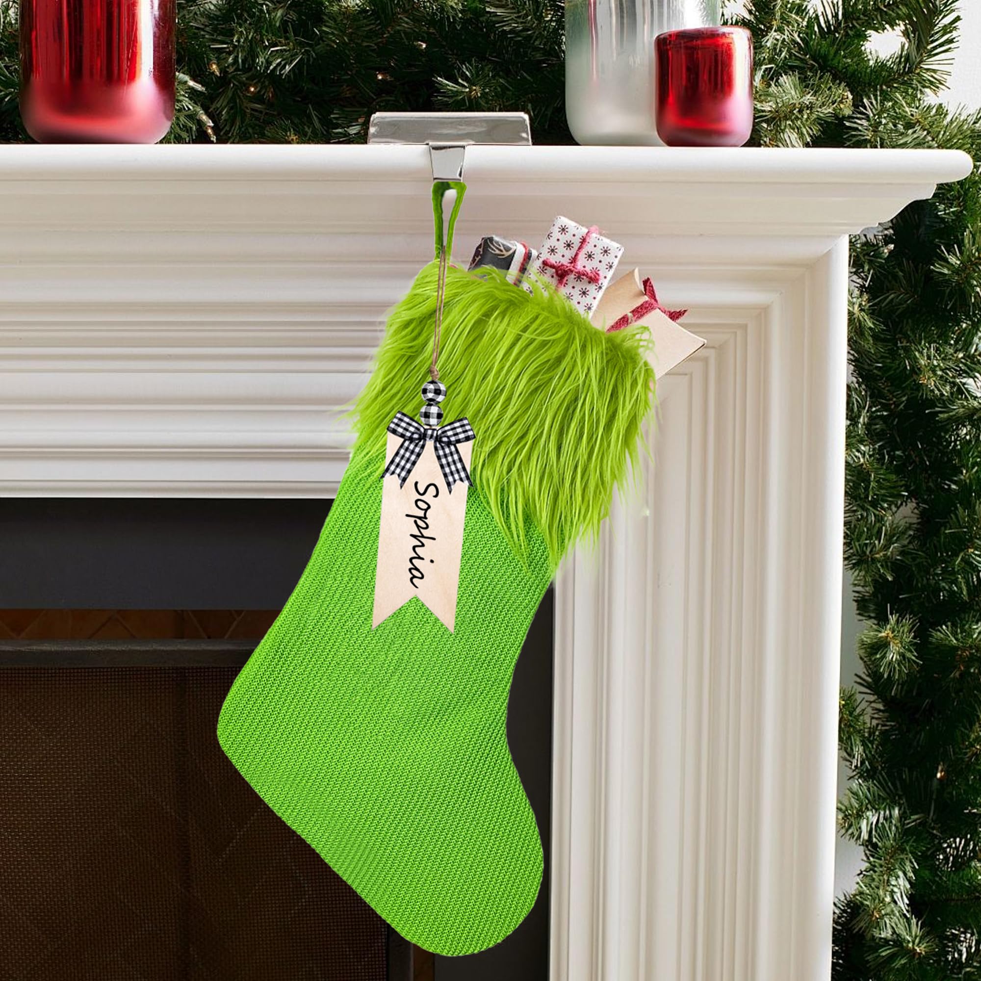 Calza di Natale in peluche verde da 18 pollici con etichetta di nome Decorazione natalizia da appendere Regalo