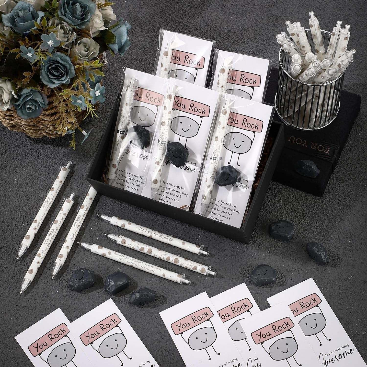 Sinload 36 Sets Inspirational You Rock Gifts Bulk Resin Smile Stone with Rock 0.7mm Mechanical Pencil Thank You Card Funny Pencil Employee Appreciation Gift for Coworker Staff Nurse Teacher Graduation